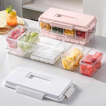 MANO 2pack Chilled Condiment Caddy with Lid Iced Snackle Box Container for Fruit Veggie Serving Tray with Handle Divided Garnish Tray Server Outdoor Camping Picnic Fridge Storage white&pink