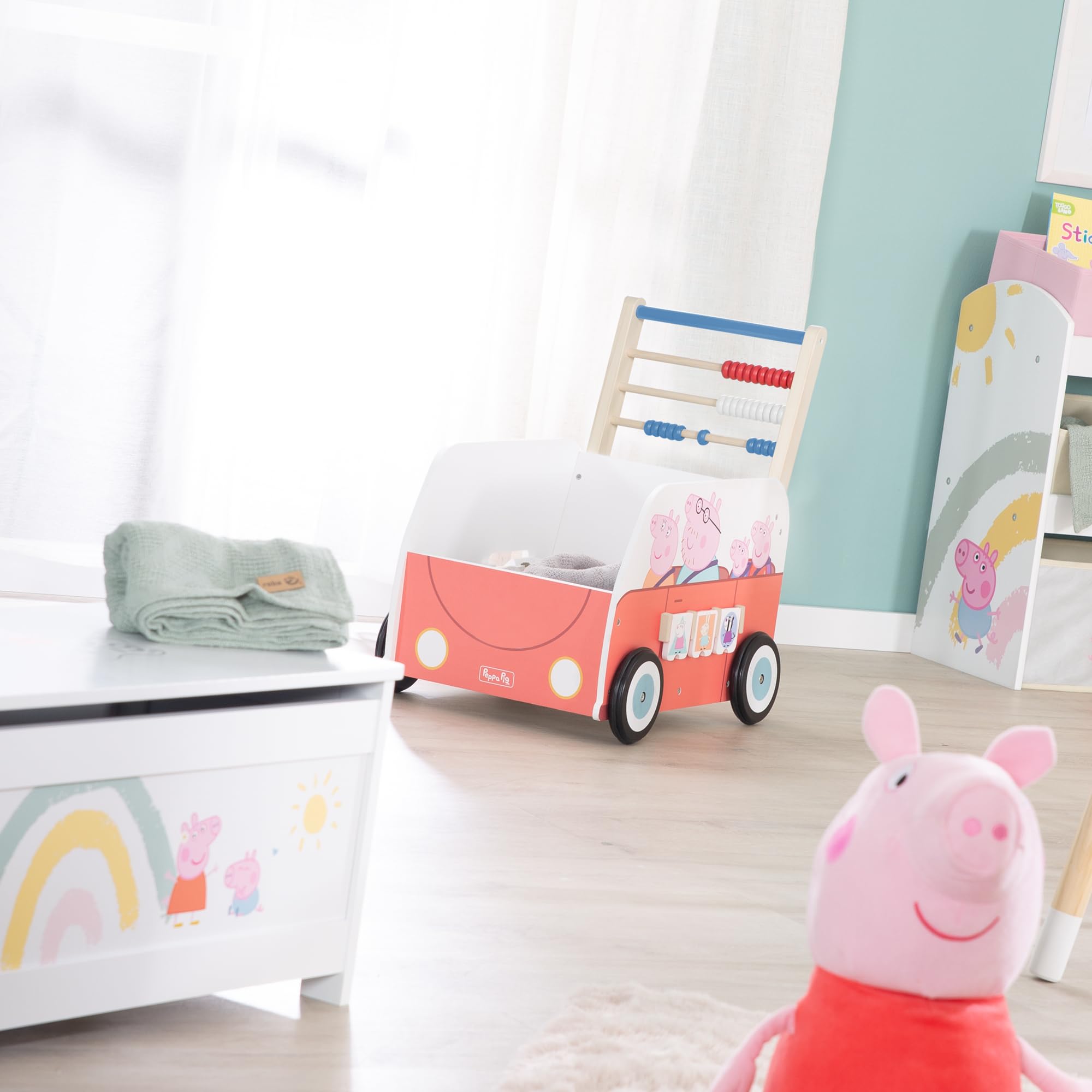 roba Carrello Giocattolo a Spinta Bully Peppa Pig - con Abaco e Ruote - per Imparare a Camminare - Primi Passi - Regalo Compleanno, Natale, Pasqua - Legno Laccato Bianco/Rosa