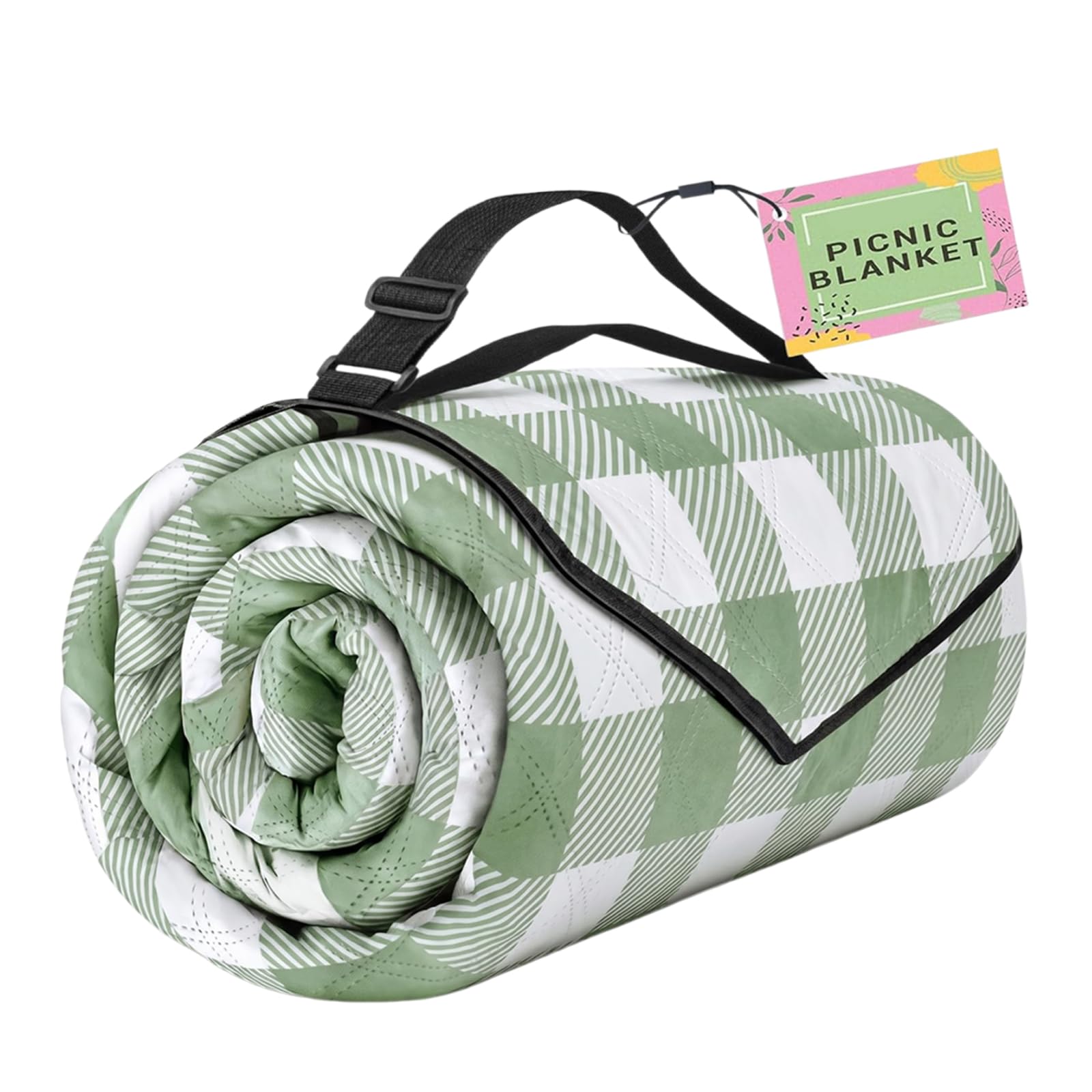 Tappetino da picnic portatile con tracolla, coperta pieghevole verde a quadretti 200 x 300 cm per copertura del terreno da campeggio, posti a sedere nel parco e gite un giorno all ' aperto Coperta
