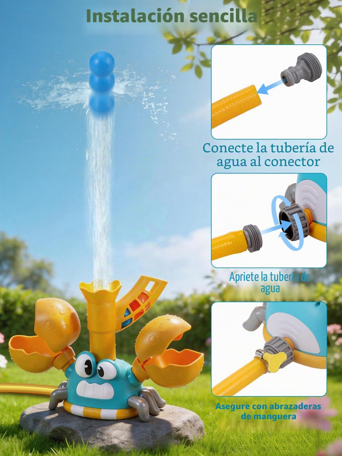 3-en-1 Juegos de Agua para Niños Exterior, Juguete de Aspersores Forma de Cangrejo con Juego de Lanzar Tela y Atrapar Pelota, Juguetes Verano para 3 4 5 6 7 8 9Años, Regalo creativo para Niños y Niñas
