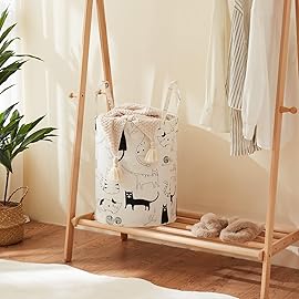 TECHMILLY Baby Laundry Basket with Long Handles, 63L Collapsible Kids Laundry Hamper, Toy Storage Basket for Nursery, Bedroom Decor for Girls and Boys (Cartoon Cat)