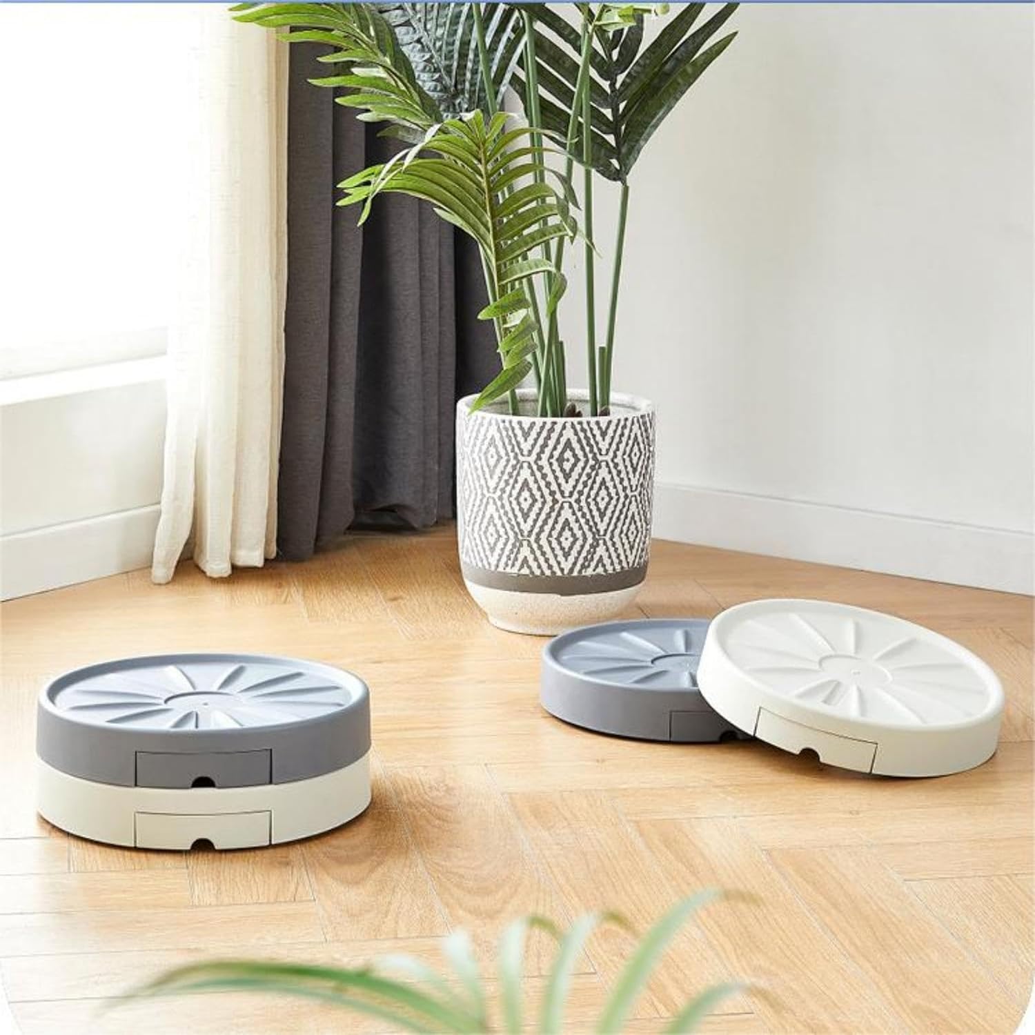 Lot de 2 bacs à fleurs ronds de 33 cm avec roulettes mobiles invisibles, chariot de fleurs avec réservoir d'eau, pour la maison, le jardin, le bureau (gris, Polypropylène, 33 cm, 37 cm, 6 cm)