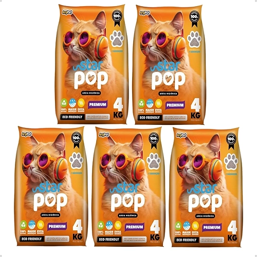 Kit 5 Areia Higiênica Sanitária Star Pop Premium Grãos Médios Para Gatos 4kg Natural Argila