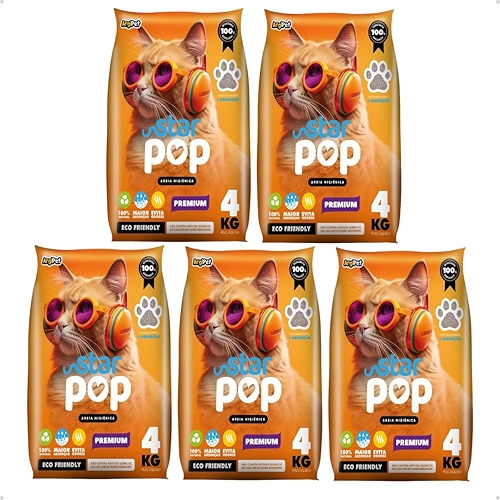 Kit 5 Areia Higiênica Sanitária Star Pop Premium Grãos Médios Para Gatos 4kg Natural Argila