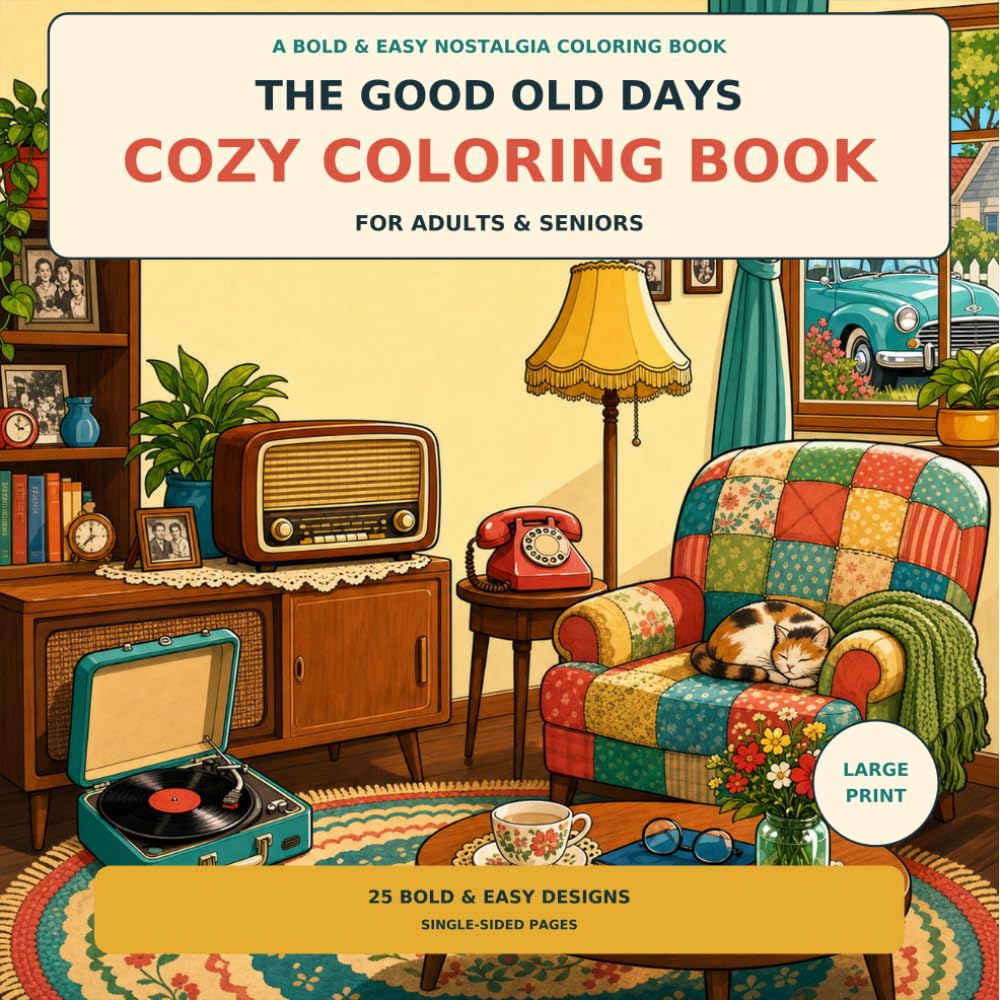 The Good Old Days Cozy Coloring Book: 45 Bold & Easy Nostalgic Scenes from the 1950s–1980s for Adults & Seniors