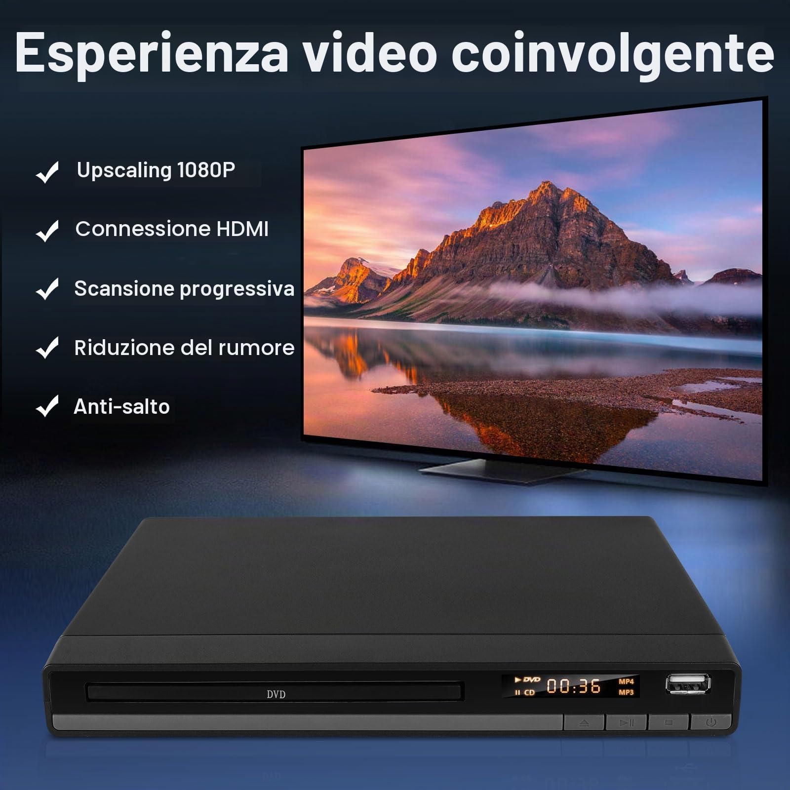 Lettore DVD HD con Porta HDMI per Smart TV | CD MP3 con Ingresso USB | Cavo HDMI e RCA Incluso | Perfetto per i Film per Famiglie (DVD-168)