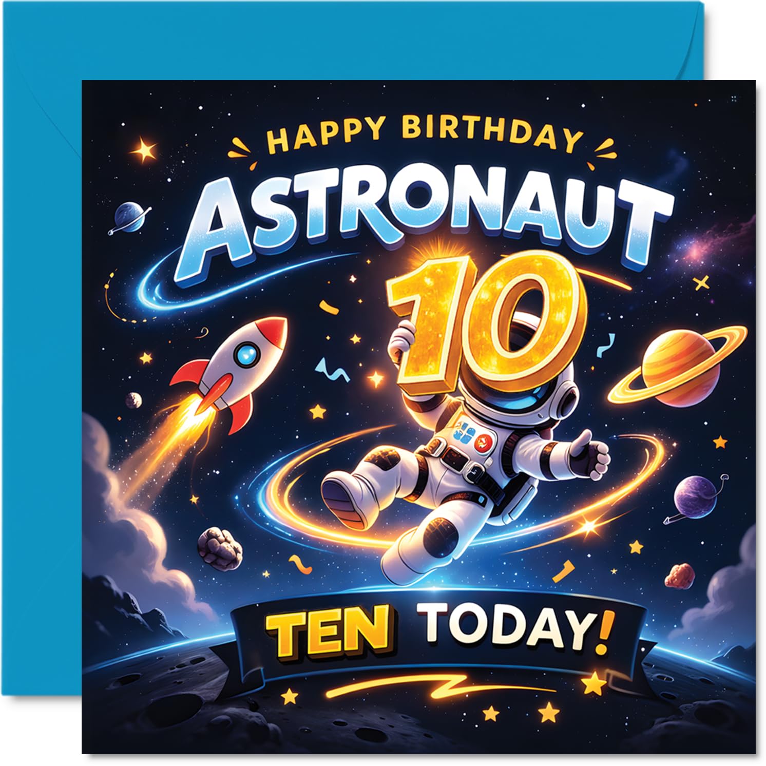 Playful 10th Birthday Card - Out-of-this-world Fun - Astronaut Floating in Vibrant Space with Bold Gold Accents - 145mm Square, Envelope Included