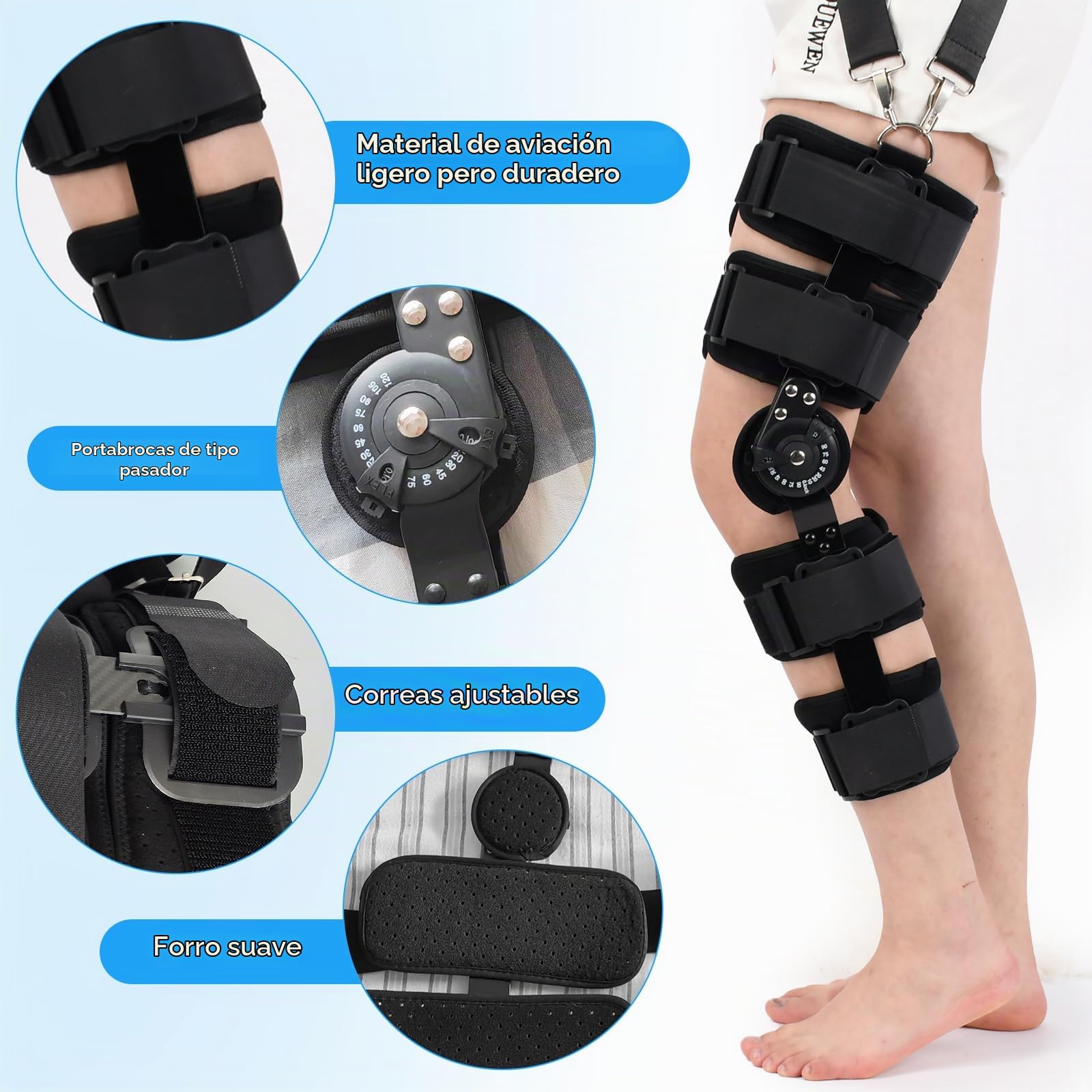 Rodillera Ajustable ROM Inmovilizador de rodilla con bisagras ROM Soporte De Rodilla Ajustable postoperatorio Inmovilizador de rodilla para hombres y mujeres(Viene con correa para el hombro)