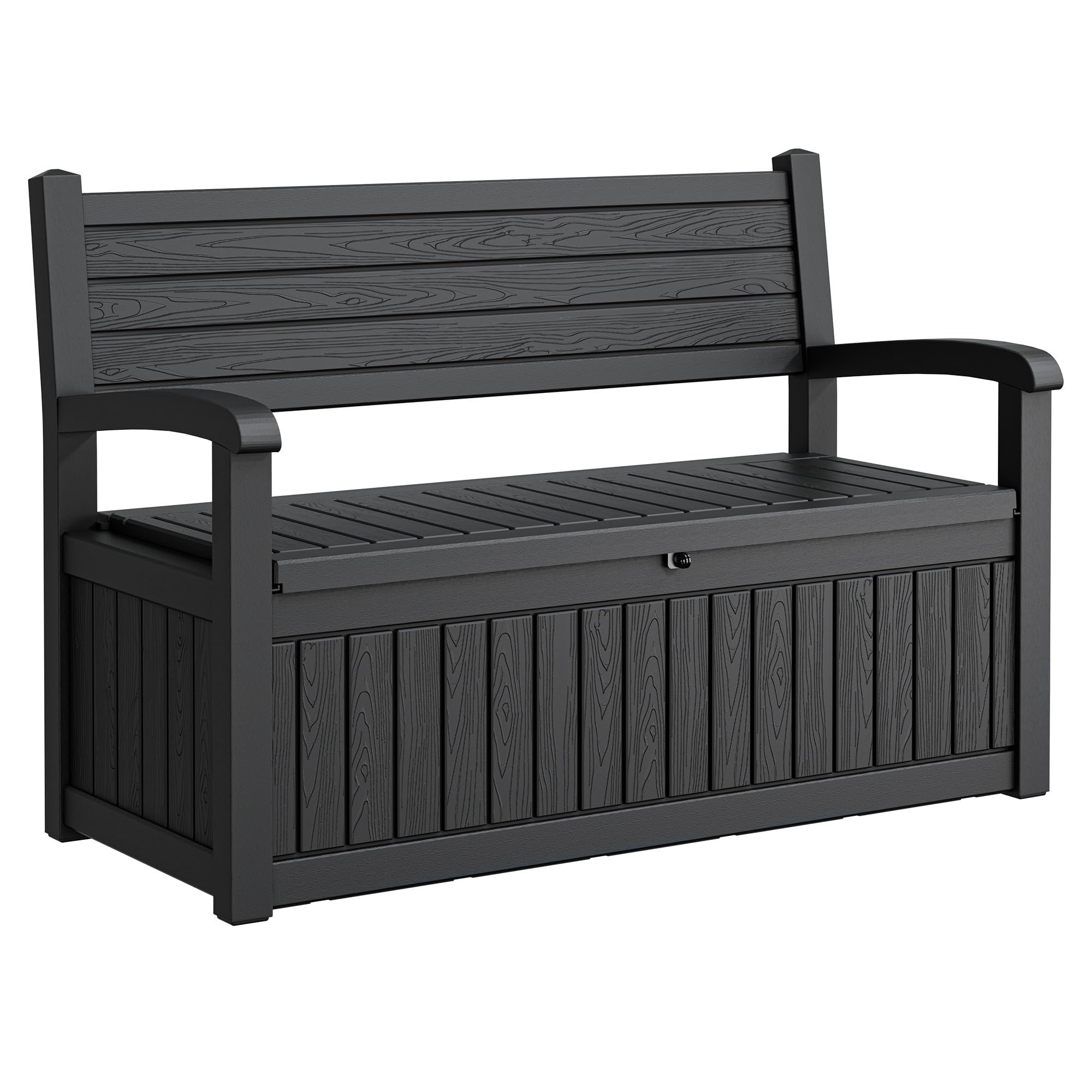80 Gallon Lockable Deck Bench with Storage, Resin Stripes Outdoor Storage Box, Waterproof Outdoor Porch Bench for Patio Pool and Cushions Garden Tools, Black