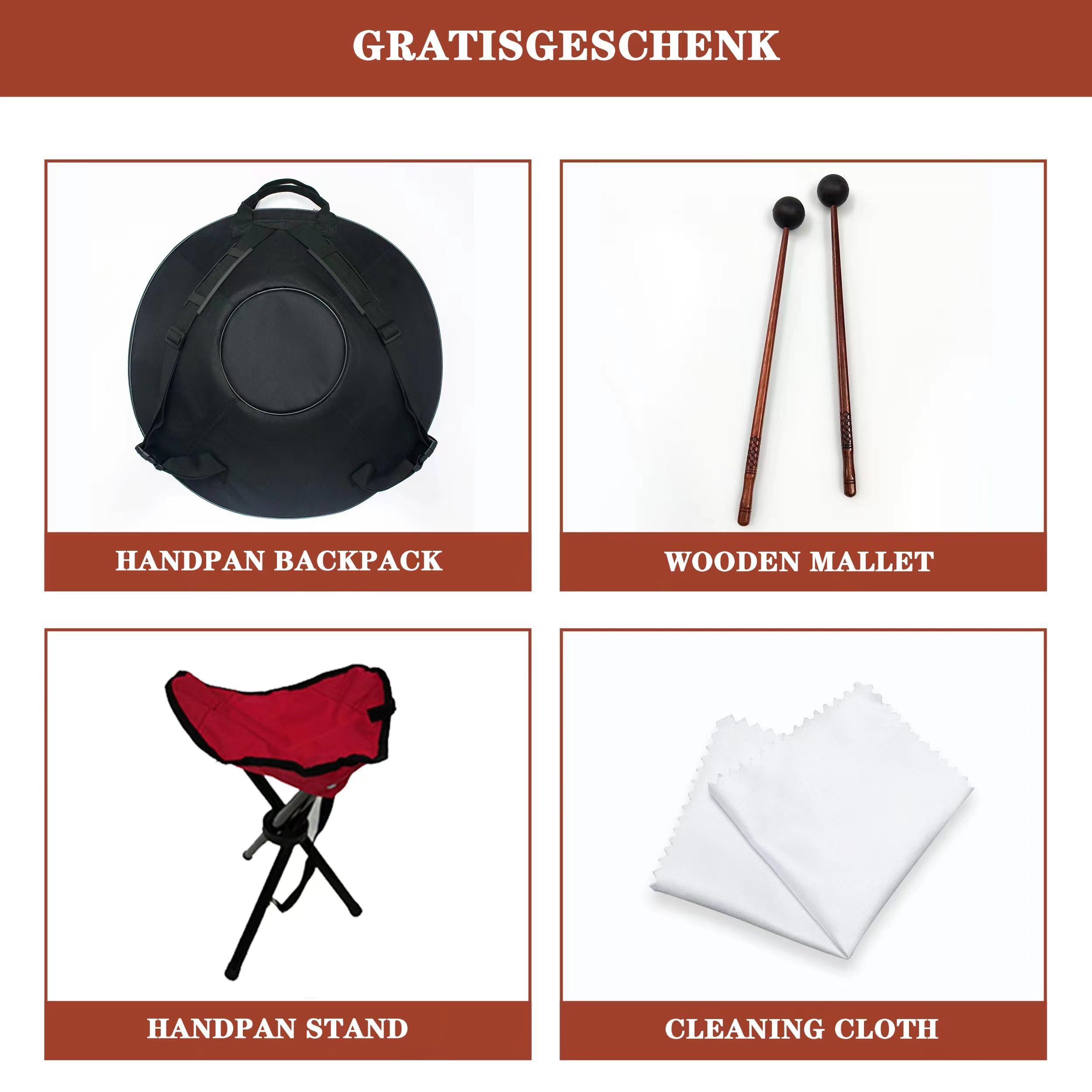 GLADFRESIT Handpan in D-Moll, accattivante viola-rosso, con supporto, valigia, bacchette resistenti e panno antipolvere (9-432Hz)
