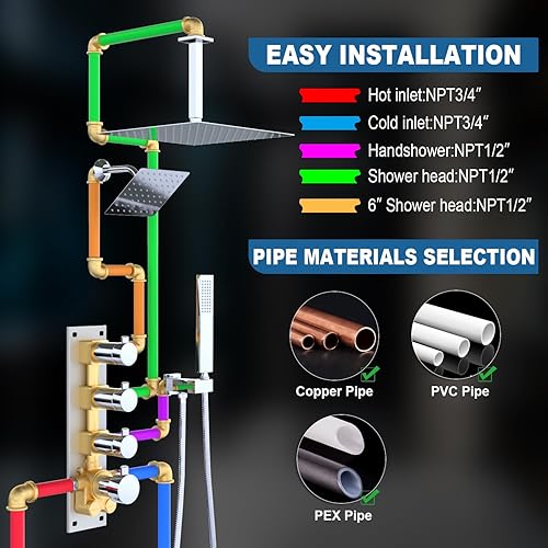 Miniatura 146 de Enga Sistema de ducha termostático doble, grifo de ducha de lluvia doble de montaje en pared de 12 pulgadas + 6 pulgadas, todas las funciones se Oro