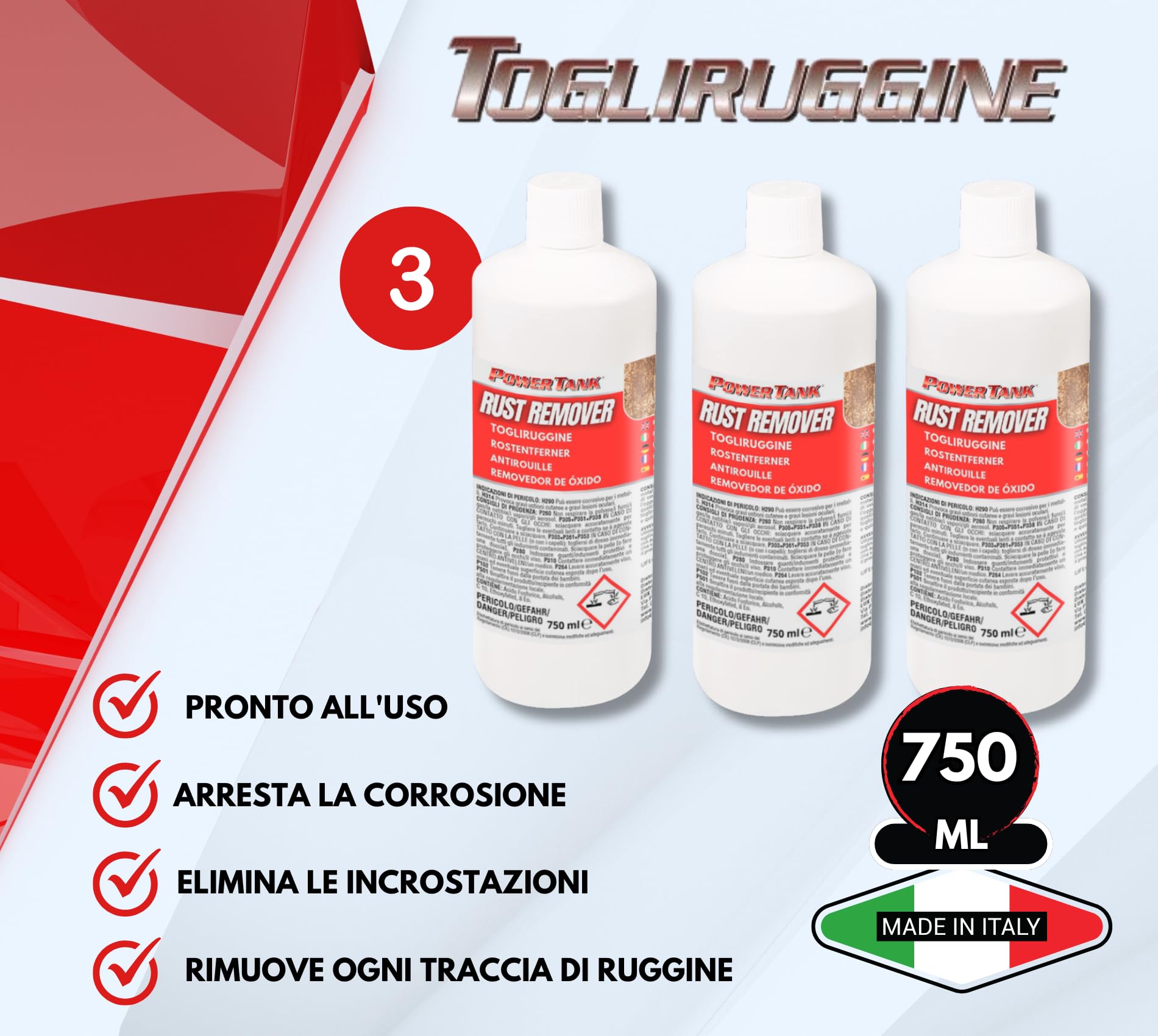 Lux Metal 3 Togli Ruggine 750 ml Potente Antiruggine Convertitore Ruggine con Acido Fosforico Rimuovi Elimina Sciogli Ruggine dal Metallo Antiruggine Convertiruggine per Ferro Rust Remover Auto Moto