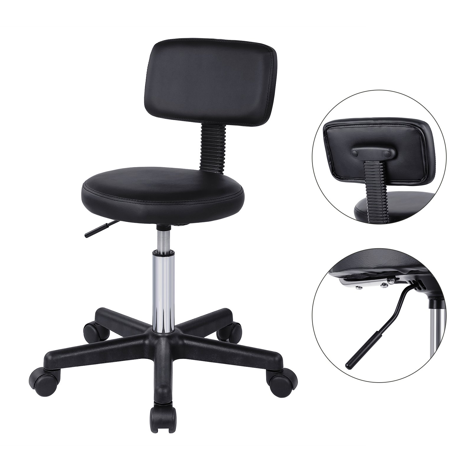 SONGMICS LJB82B - Sgabello da lavoro con ruote, in PU, con schienale regolabile in altezza continua, girevole a 360°, colore: Nero