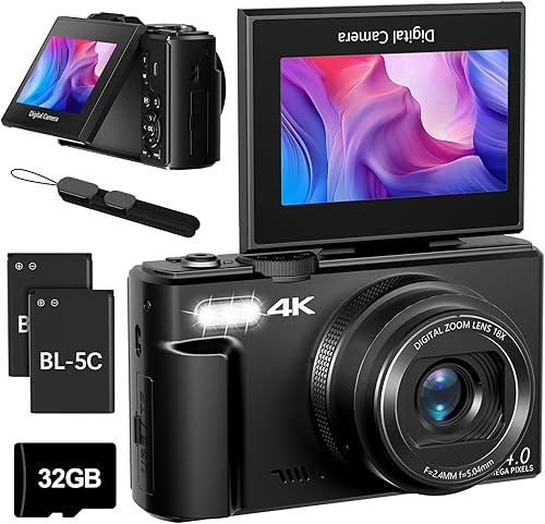 Cámara digital 4K para fotografía, cámara de vlogging 4K 64MP para YouTube con pantalla abatible de 180 de 3 pulgadas, cámara WiFi compacta con zoom
