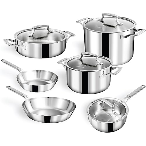 10-Piece Triply Stainless Steel Cookware Set - Fully Clad Pots and Pans Set with 8 Qt Stock Pot, Saute, Saucepan, Frying Pan - Non Toxic Cookware - Induction, Dishwasher & Oven Safe