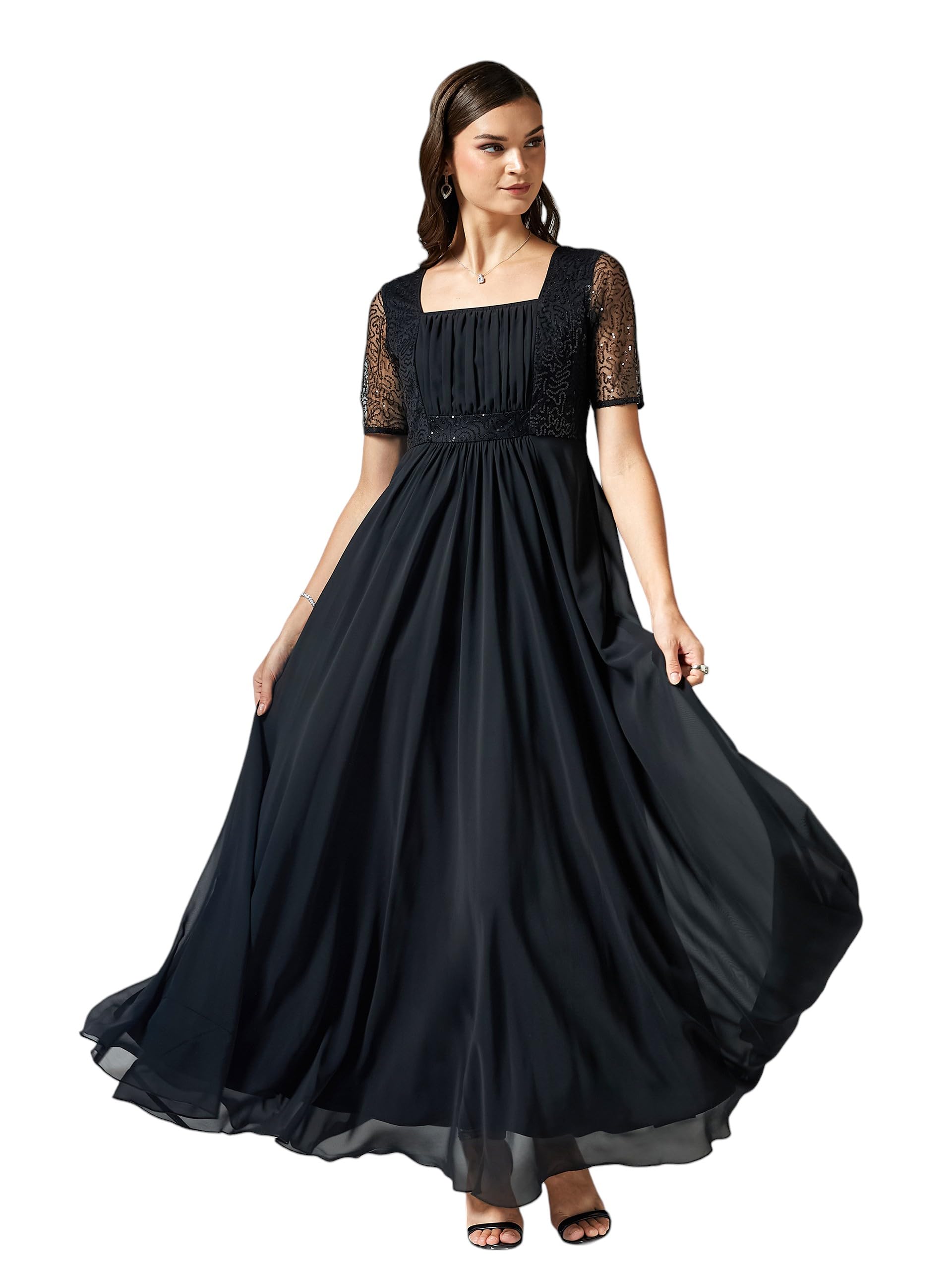 miss chase Women's Dark Green Square Neck Half Sleeve Solid Embellished Maxi Dress-picture-18