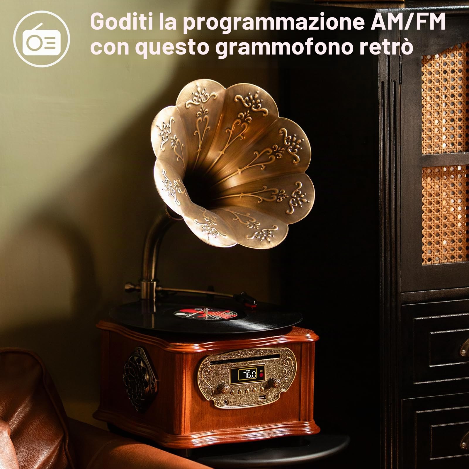 Giradischi nero retrò, giradischi con Bluetooth, fonografo e riproduzione CD, radio FM, funzionamento tramite telecomando (vs-1722 cd)