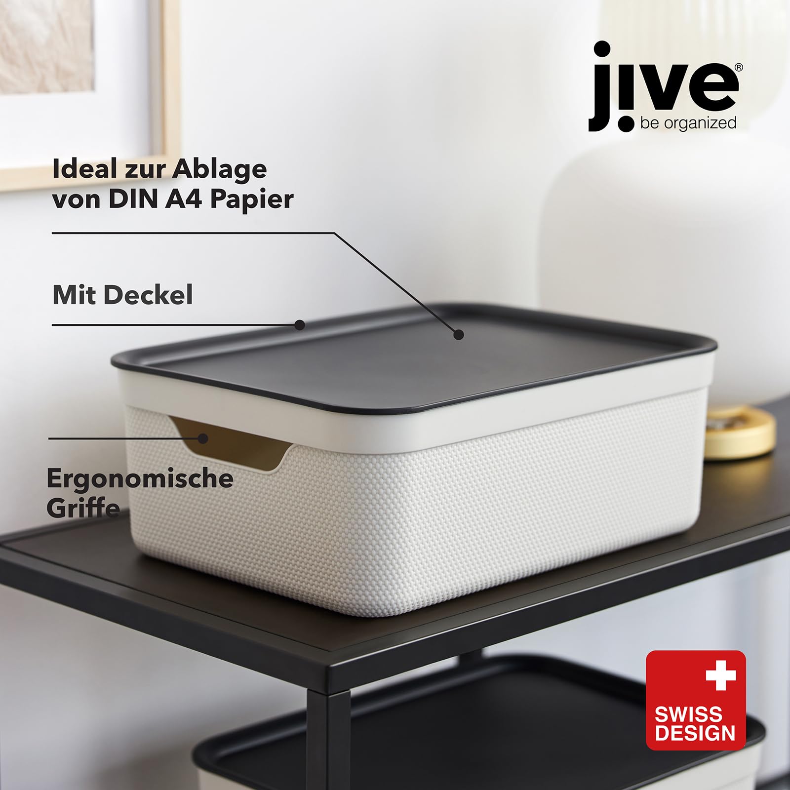 Rotho Jive 3er-Set Aufbewahrungsboxen mit Deckel 10l, A4 | Stapelboxen klein | mit Flechtmuster | modular & stapelbar | pflegeleicht & stabil | schwarz