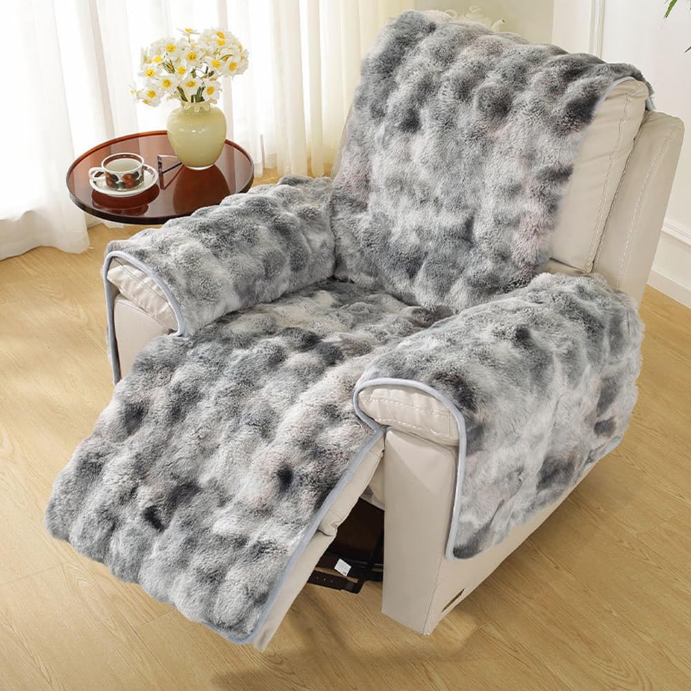 Fluffy Faux Fur Recliner Couch Chair Cover- Gradual Change Plush Non-Slip Slipcover, Lazy Boy Recliner Slipcover Covers Stay in Place Washable Furniture Protector Fits Reclining Sofa (Light Grey)