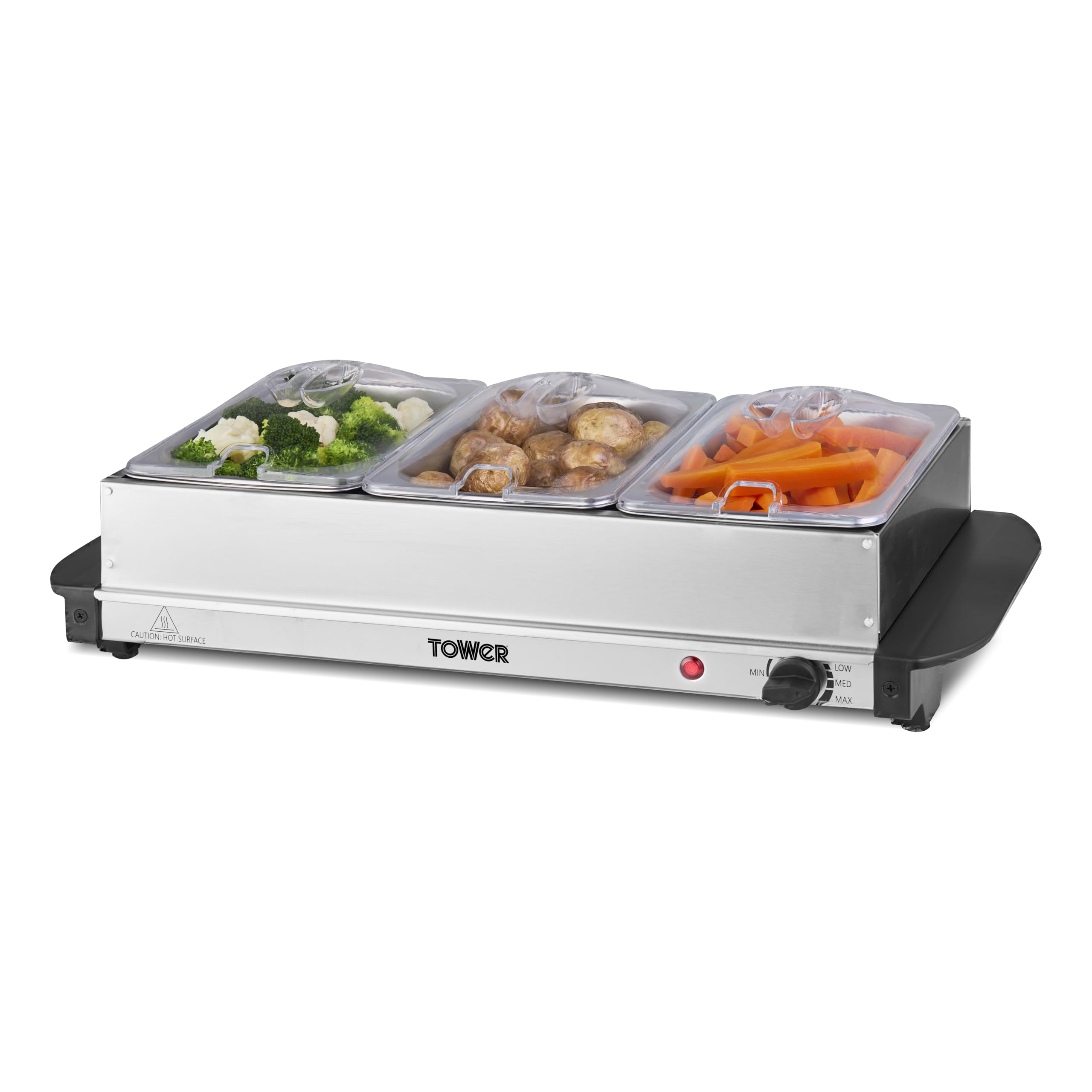 Tower T16150 Buffet Server with 3 x 1.5L Tray Capacity & Adjustable Temperature Controls, Cool Touch Handles, 200W, Stainless Steel