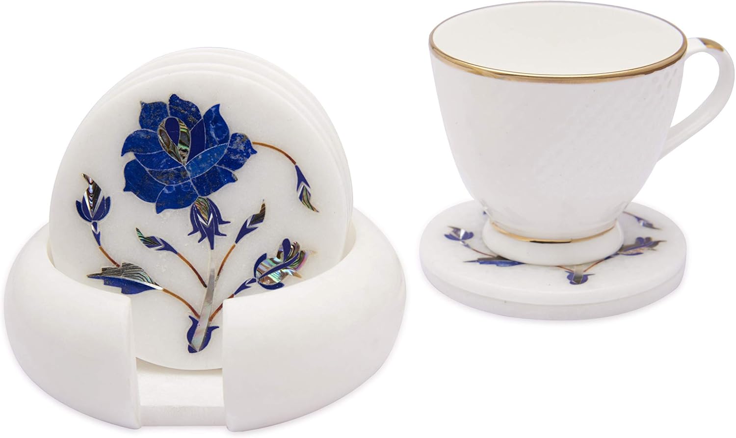 Blue Lapis Lazuli Inlaid Coasters for Drinks - Natural White Makrana Marble, 4 Inch Tile, Set of 6 with Holder for Coffee Table Decor