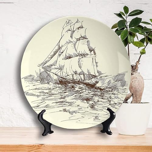 Miniatura 3 de Placa de exhibición de cerámica, placa decorativa colgante de cerámica náutica, velero dibujado a mano luchando en olas del océano, 8 pulgadas,