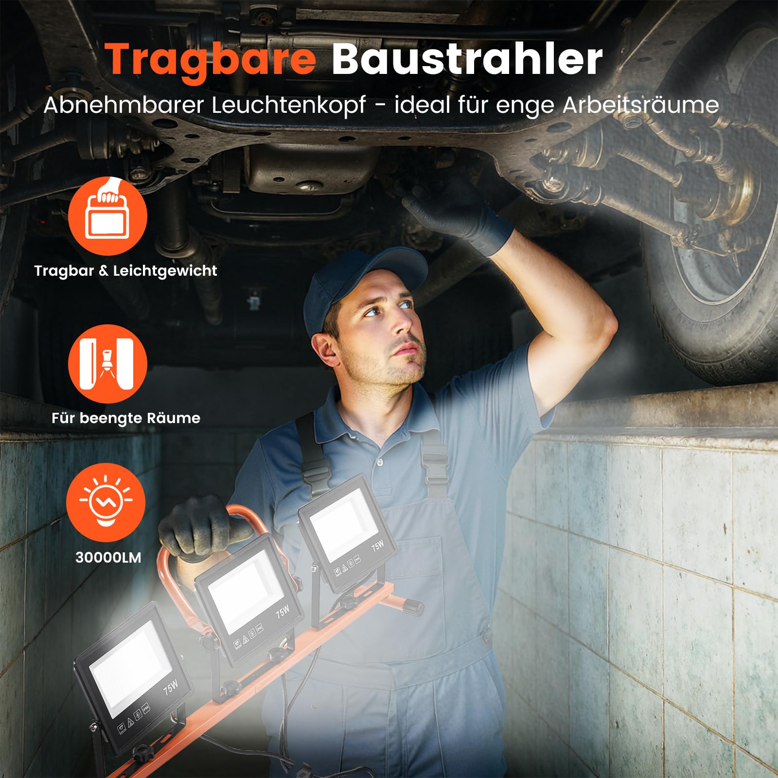 ETOOLAB Baustrahler LED mit Stativ | Baustrahler Led | 30000LM | 225W（ 3x 75W) | StrahlerArbeitsscheinwerfer 5m Bauscheinwerfer | Baustellenlampe | 98-200cm außen höhenverstellbar