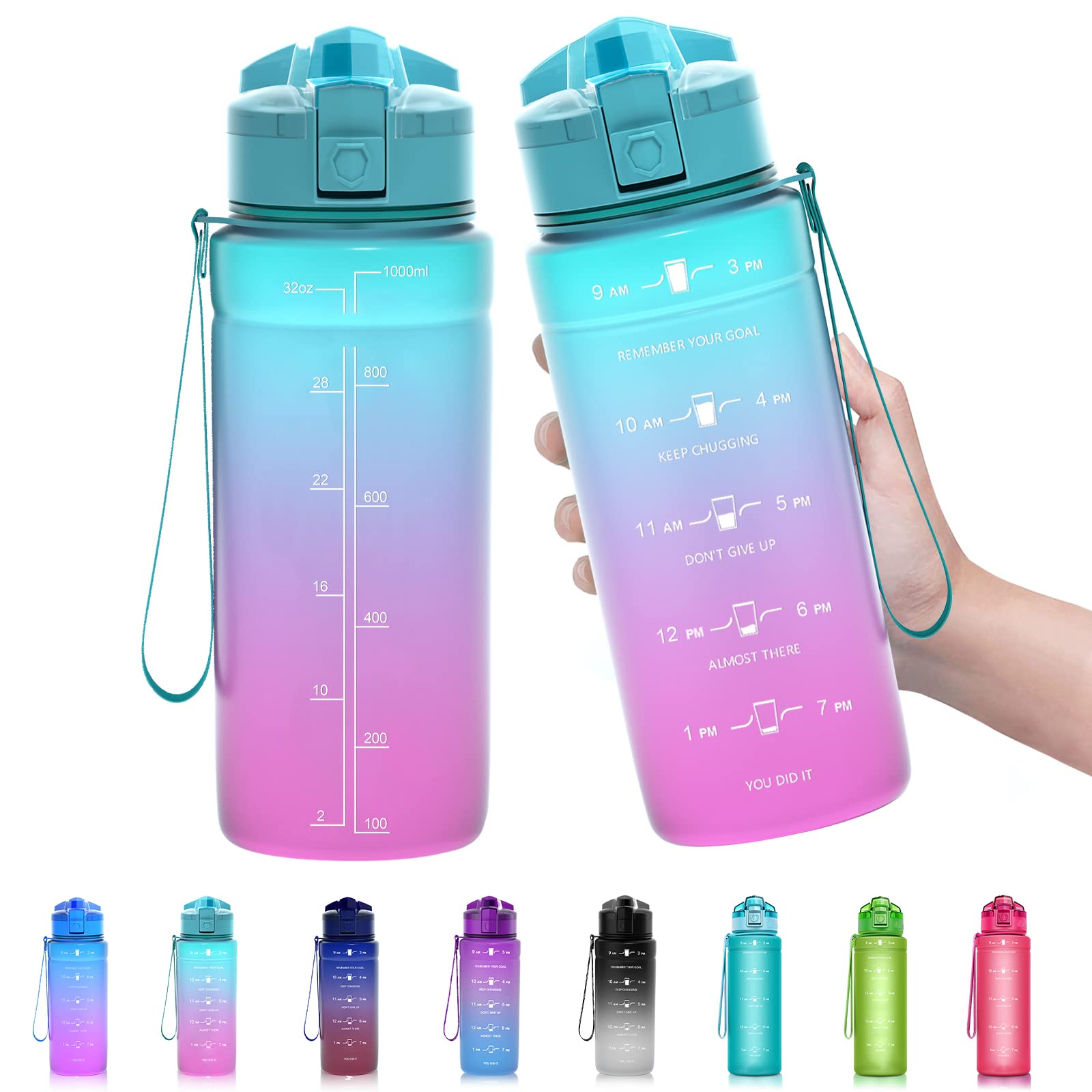 Zounich Sports Water Bottle Kids with Times to Drink Leakproof 1L / 700ml / 500ml 1Litre Drink Bottles BPA Free Motivational Adults, Gym, School, Running, Travel, Girls, Boys Filter Reusable — image 1