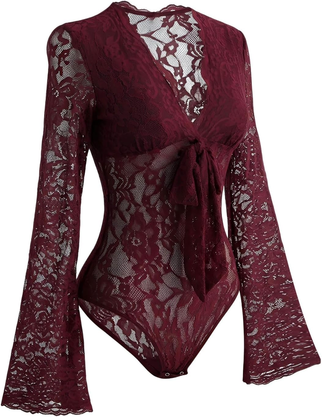 Milumia Women's Floral Lace Long Sleeve Bodysuit Tie Front See Through Mesh Leotard Tee Shirts