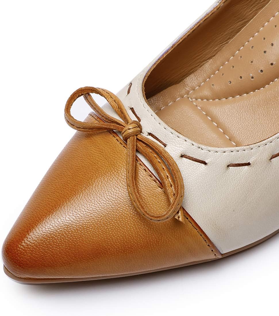 Mona flying Womens Leather Elegant Pointed Toe Bowknot Pumps Ladies Kitten Heels Dressy Casual Office Work Shoes