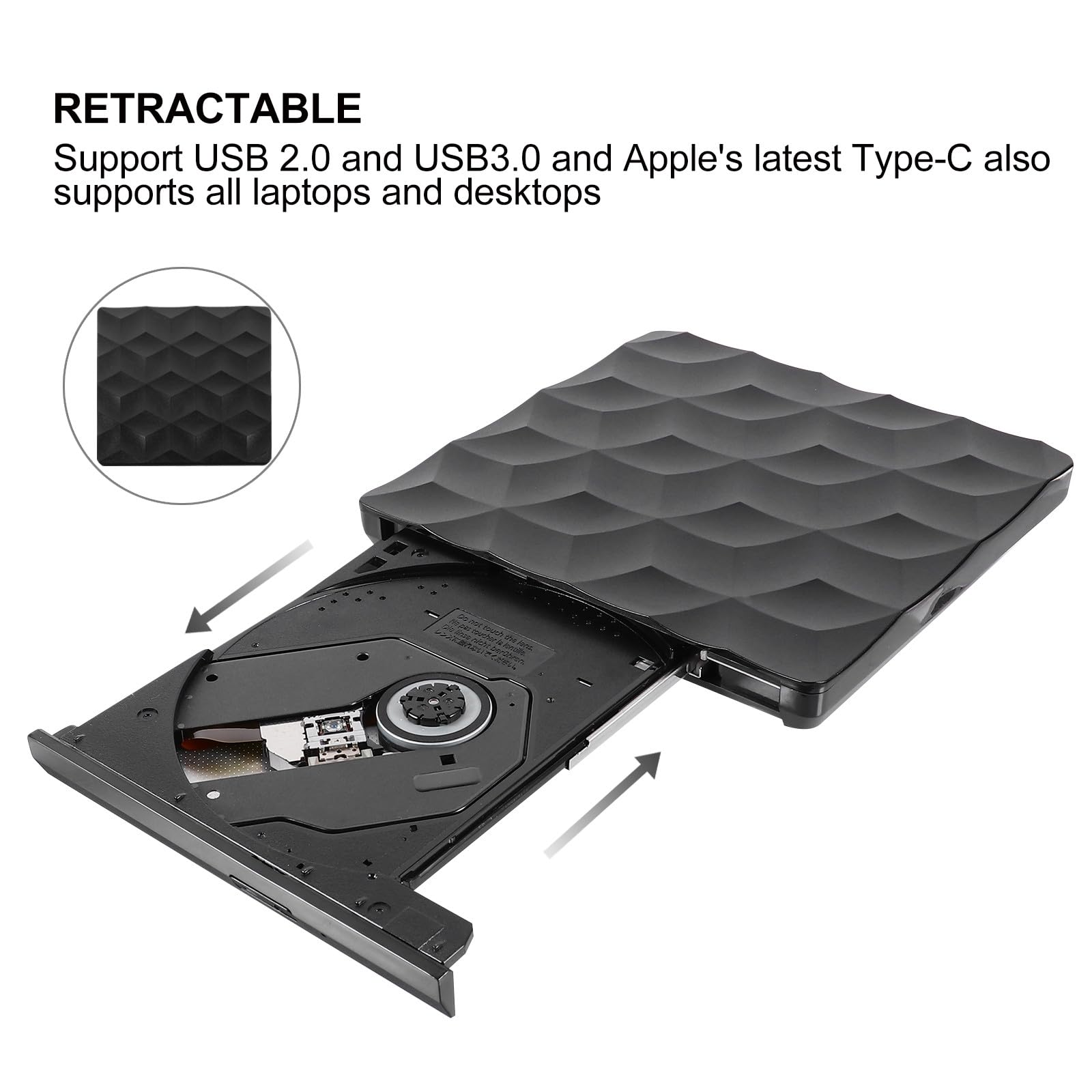 Lecteur Graveur DVD Externe en Plastique Noir USB 3.0 Type-c Plug and Play Haute Vitesse Compatible PC Bureau et Tout-en-Un