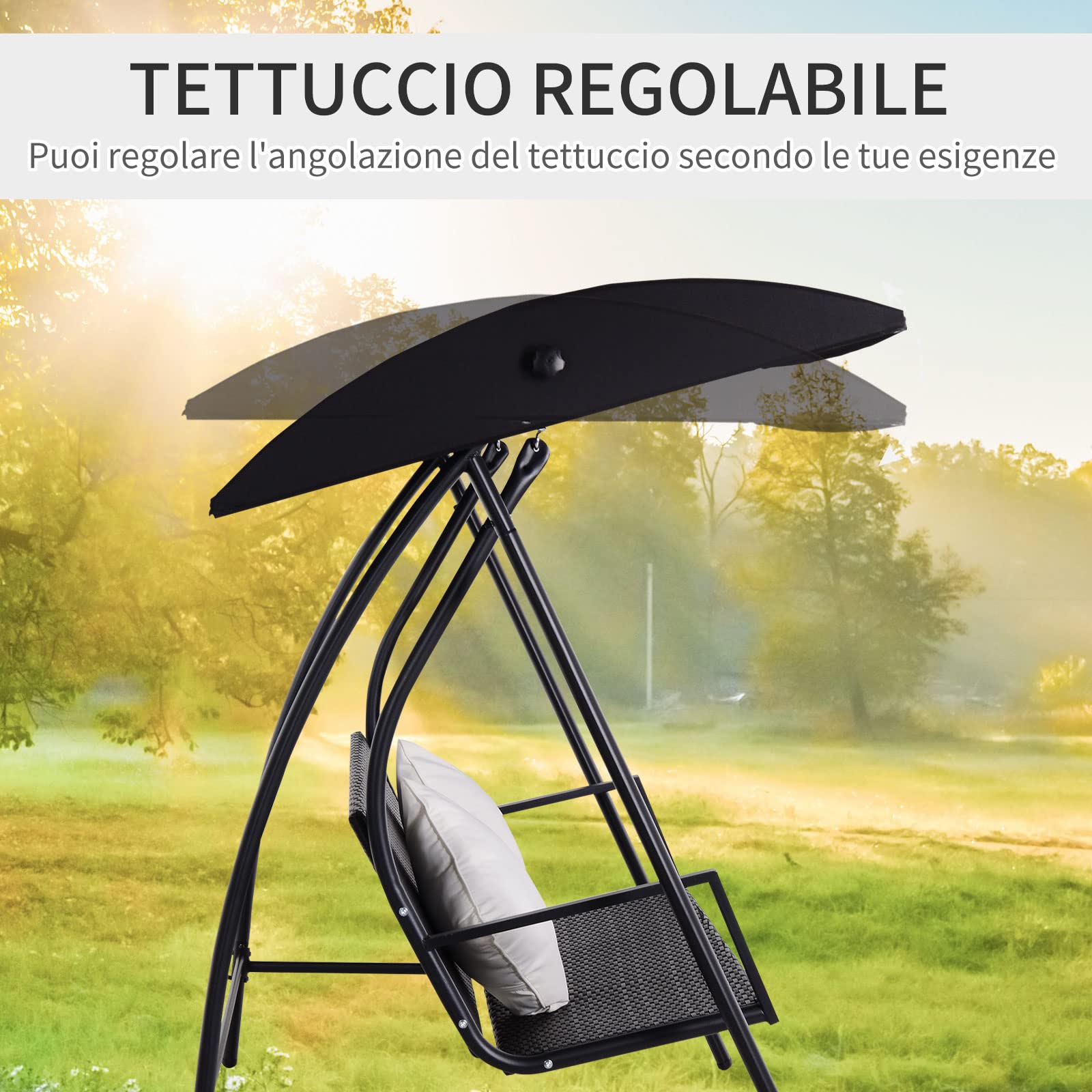Outsunny Dondolo Polyrattan da Giardino a 3 posti, 2 Cuscini e Baldacchino Ferro Verniciato a Polvere Tetto Idrorepellente Cuscini Sfoderabili 198x124x179cm 360kg