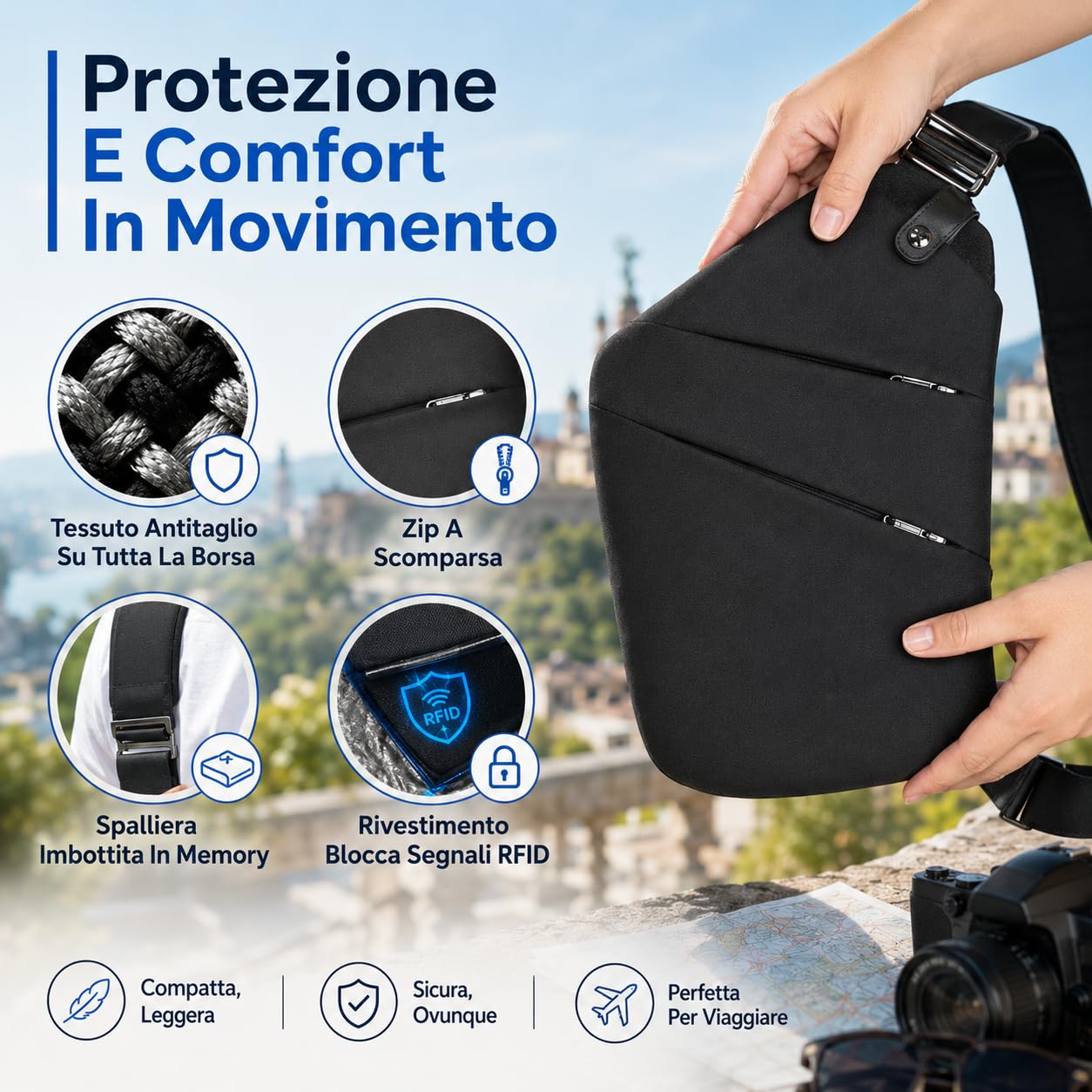 La Compatta Borsa Antifurto a Tracolla da Uomo Compatta Leggera e Resistente con Tasche Interne per Turismo Ufficio e Mezzi Pubblici