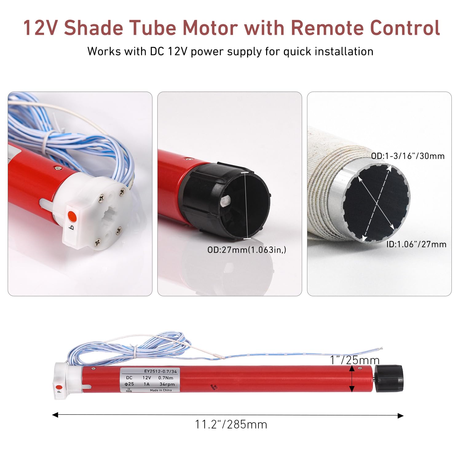 Motor de repuesto para persianas y persianas de autocaravana de 1-3/16 pulgadas (30 mm) - Motor de tubo de sombra de 12 V con control remoto, alimentación con fuente de alimentación CC 12 V 2 A