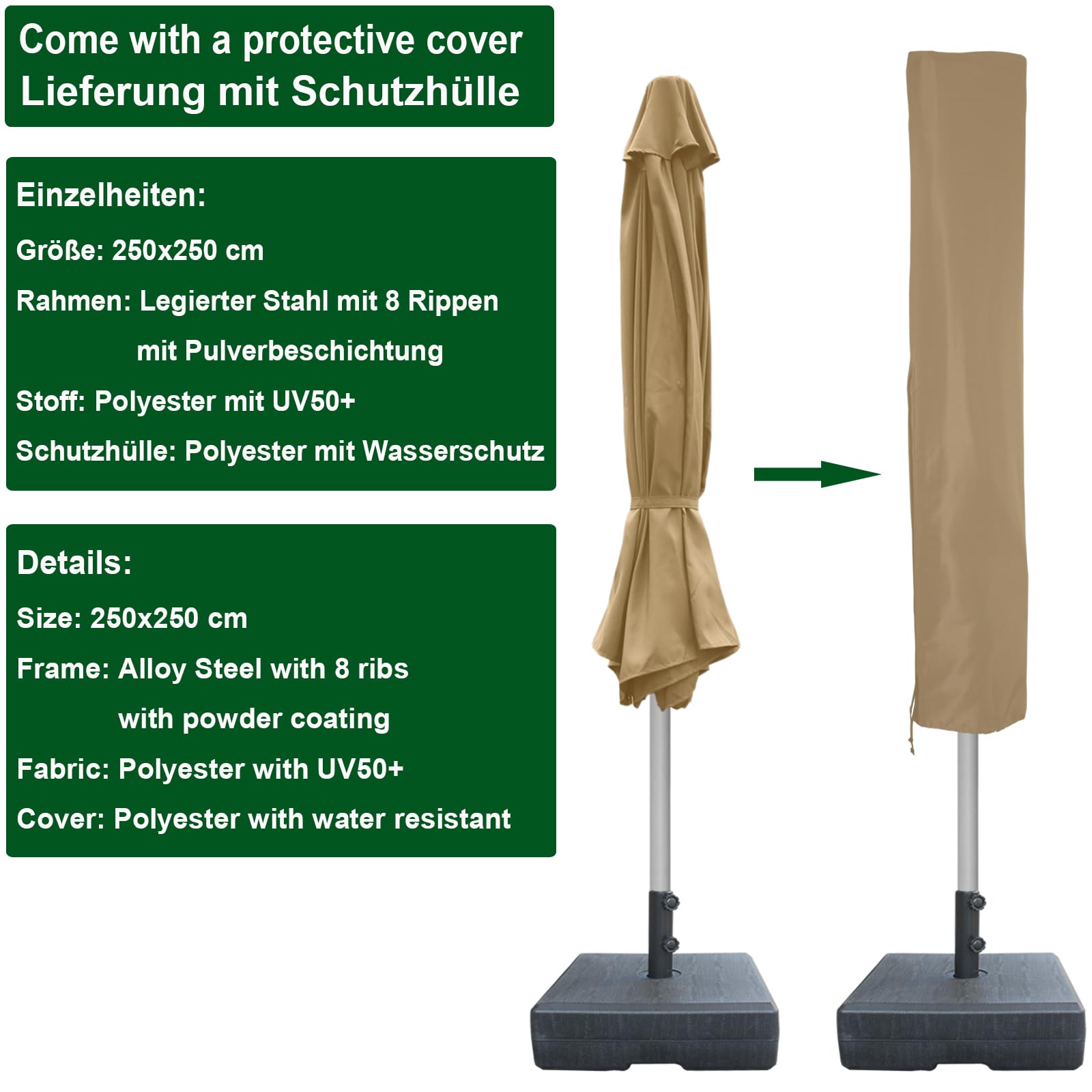 RANSENERS Parasol de Jardin 250 x 250 cm, Inclinable 30° des Deux Côtés, 8 Baleines, UV50+, pour Jardin, Terrasse, Café, Extérieur (Kaki)
