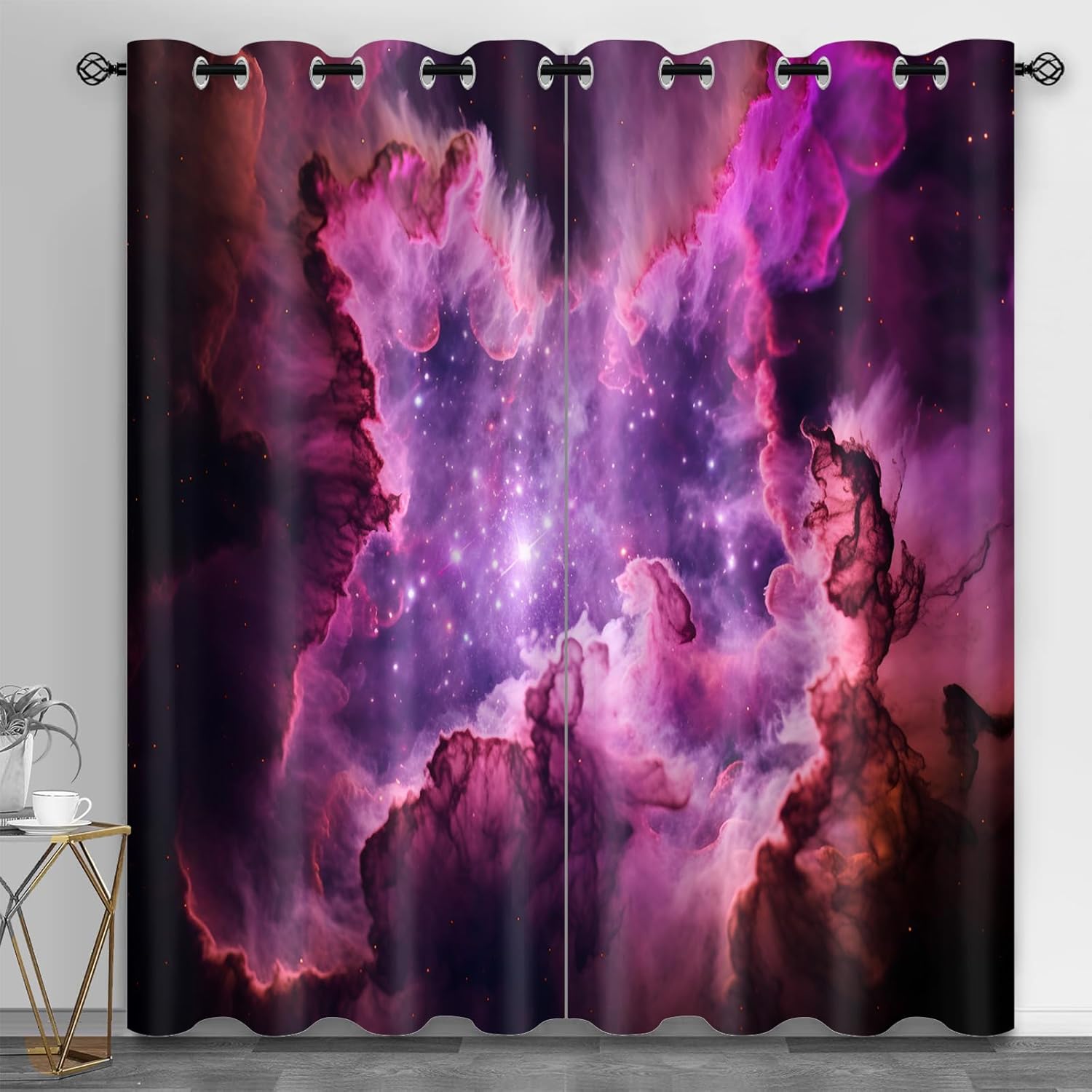 Nebula Cloud Blackout Curtains for Bedroom, Universe Space Grommet Window Curtains 84 inch Long, Noise Reducing Drapes for Living Room, Fantasy Purple Drapes, Galaxy Room Decor, 2 Panels