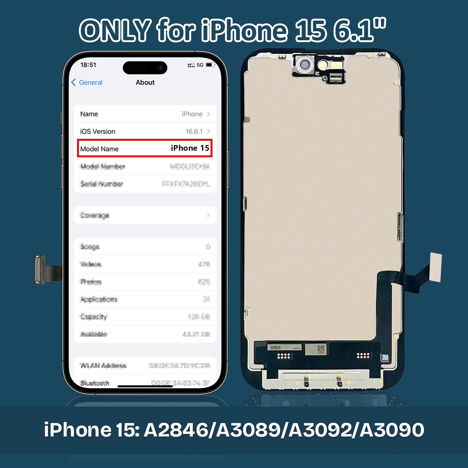 Écran pour iPhone 15 de Remplacement, 6,1 Pouces LCD Full HD Écran Tactile Digitizer avec Kit de Réparation et Protecteur d’Écran