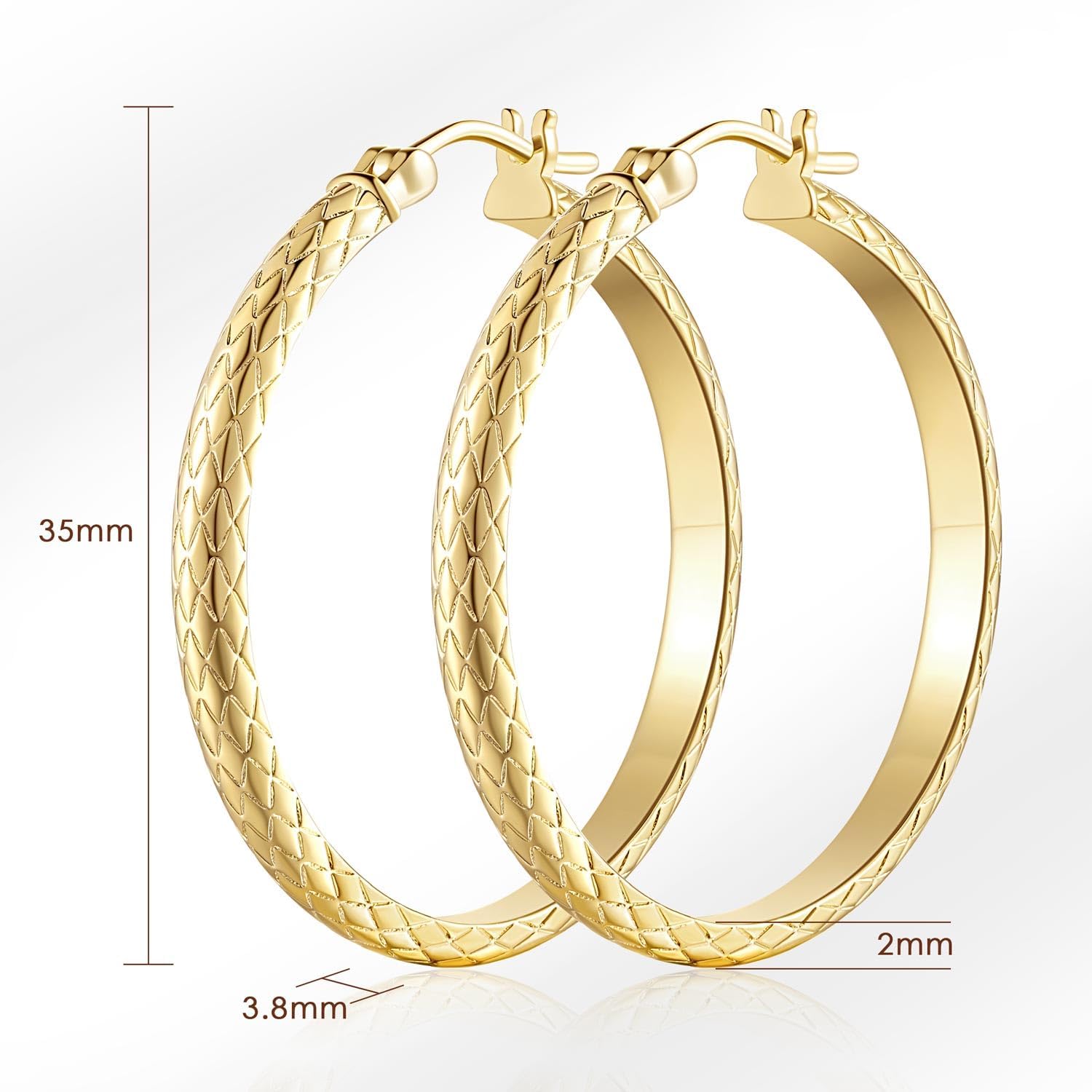Gold Earrings 14K Gold Hoop Earrings for Women X-Shaped Wave Engraving Big Hoops Earring for Womens Earring 35mm - Image 2