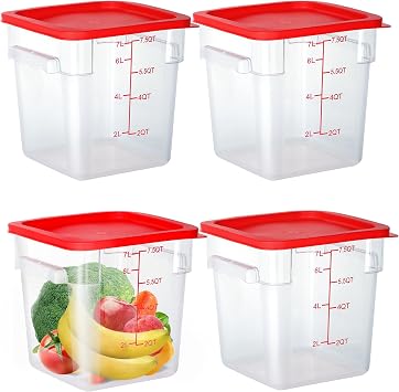 4 Pack 8 Qt Square Polycarbonate Food Storage Containers with Lids | Clear BPA-free PC with lids, side handles, measurement scale and stackable design; for food prep, storage and freezer use.