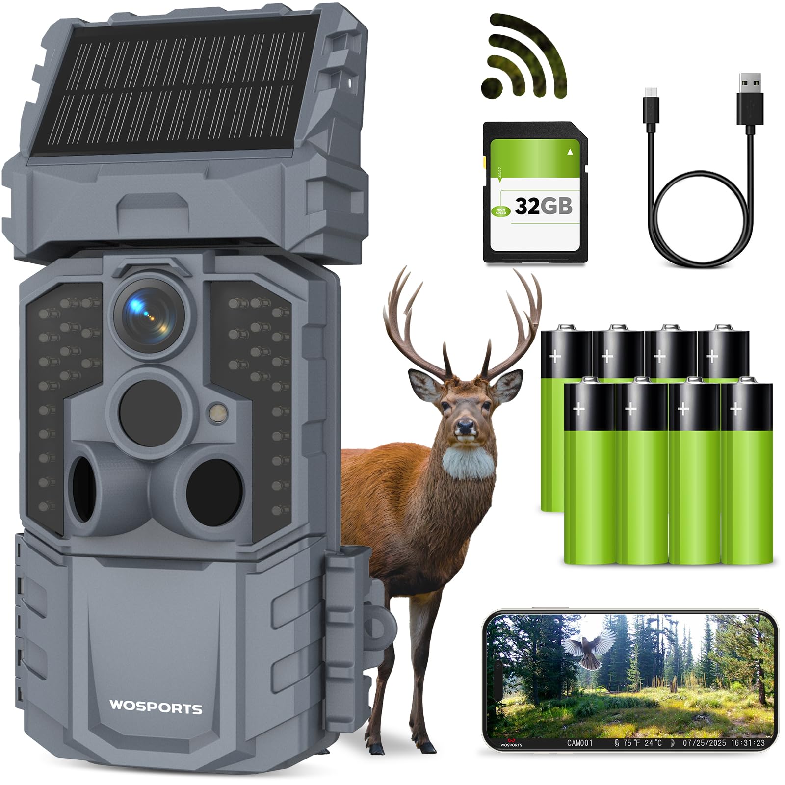WOSPORTS 48MP WiFi Trail Camera with Solar Panel