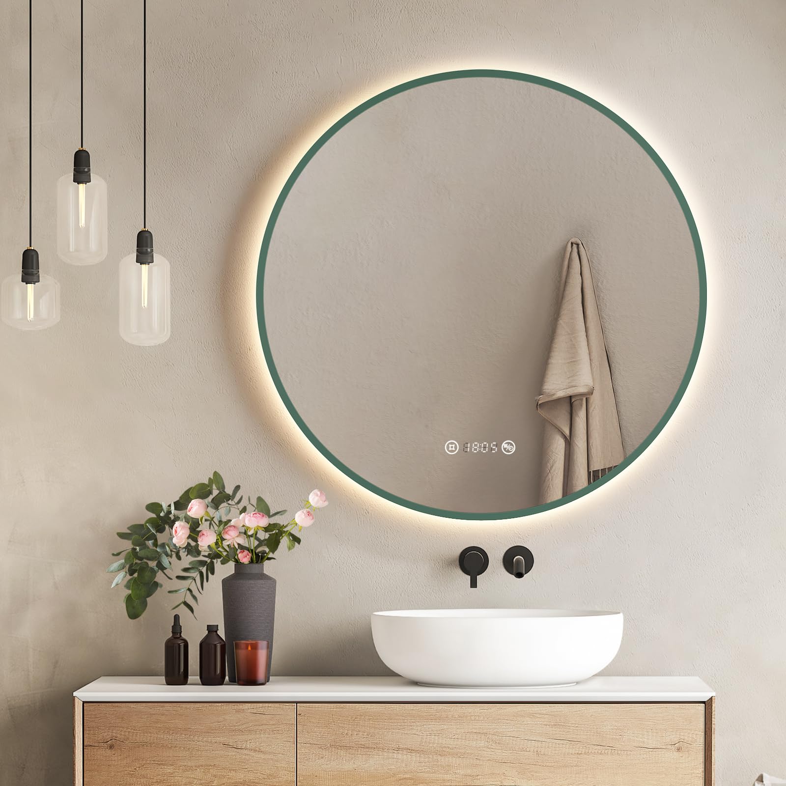 EMKE Espejo LED Redondo de Baño, ø80cm, Verde Oscuro, antiempañante, con visualización de Hora y Temperatura, luz Neutra, Intensidad Ajustable, Espejo de baño con iluminación, IP44