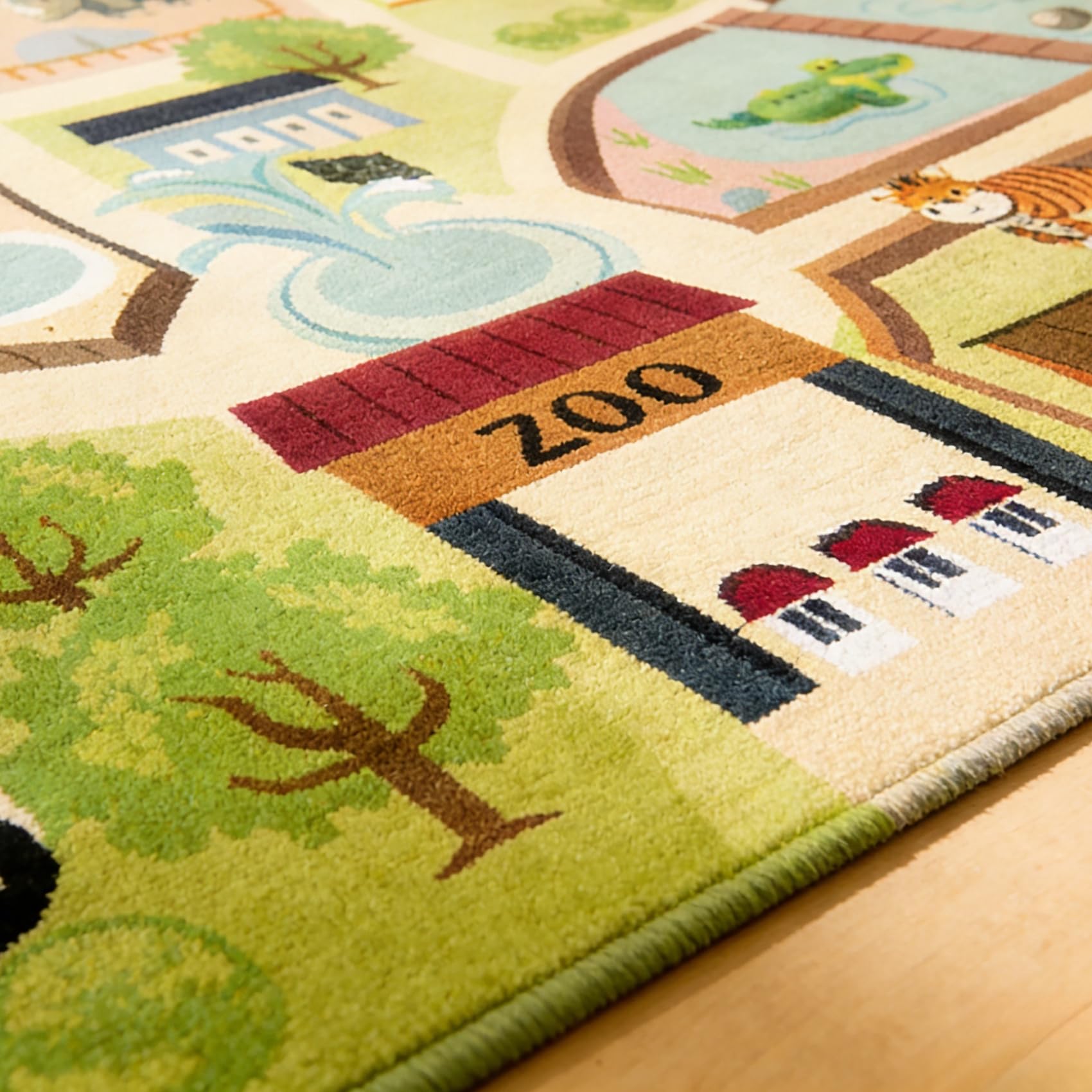 Kinder Teppich Spielteppich Straßen Maschinenwaschbar Kurzer Flor Pädagogischer Spielteppich， rutschfest Autoteppich Junge Mädchen für Schlafzimmer & Spielzimme (Zoo, 100x200 cm)