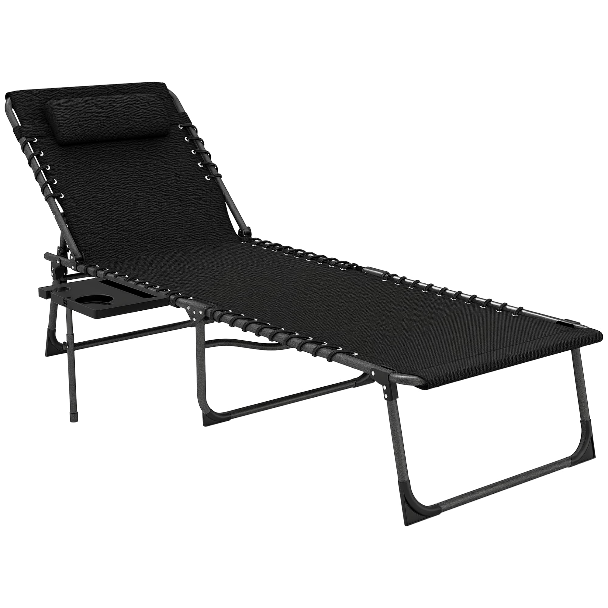 Outsunny Folding Sun Lounger with Cup Holder, 5-Position Adjustable Reclining Garden Lounger, Portable Recliner Sunbed with Side Pocket, Head Pillow for Patio Beach Camping, Black