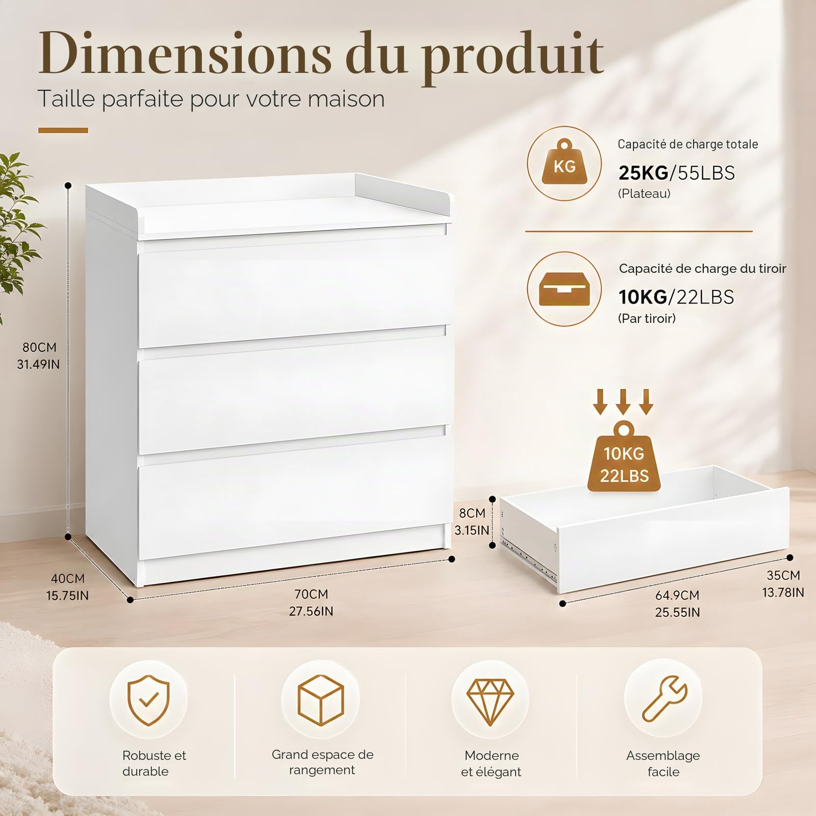 Lot de 2 commodes à langer Blanches, 70 x 40 x 80 cm | 3 tiroirs chacun avec bord surélevé, pour jumeaux, chambre de bébé, chambre à coucher, salon