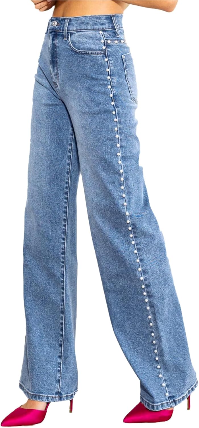 Kedera Women's High Waisted Jeans Stretchy Pearl Beaded Jeans Wide Leg Casual Denim Trousers Y2K Trendy Baggy Pants