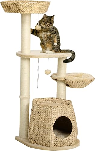 PawHut Árbol para gatos, torre para gatos de interior de 47 pulgadas con cola de espadaña para gatos, cama para gatos, plataforma de salto, postes