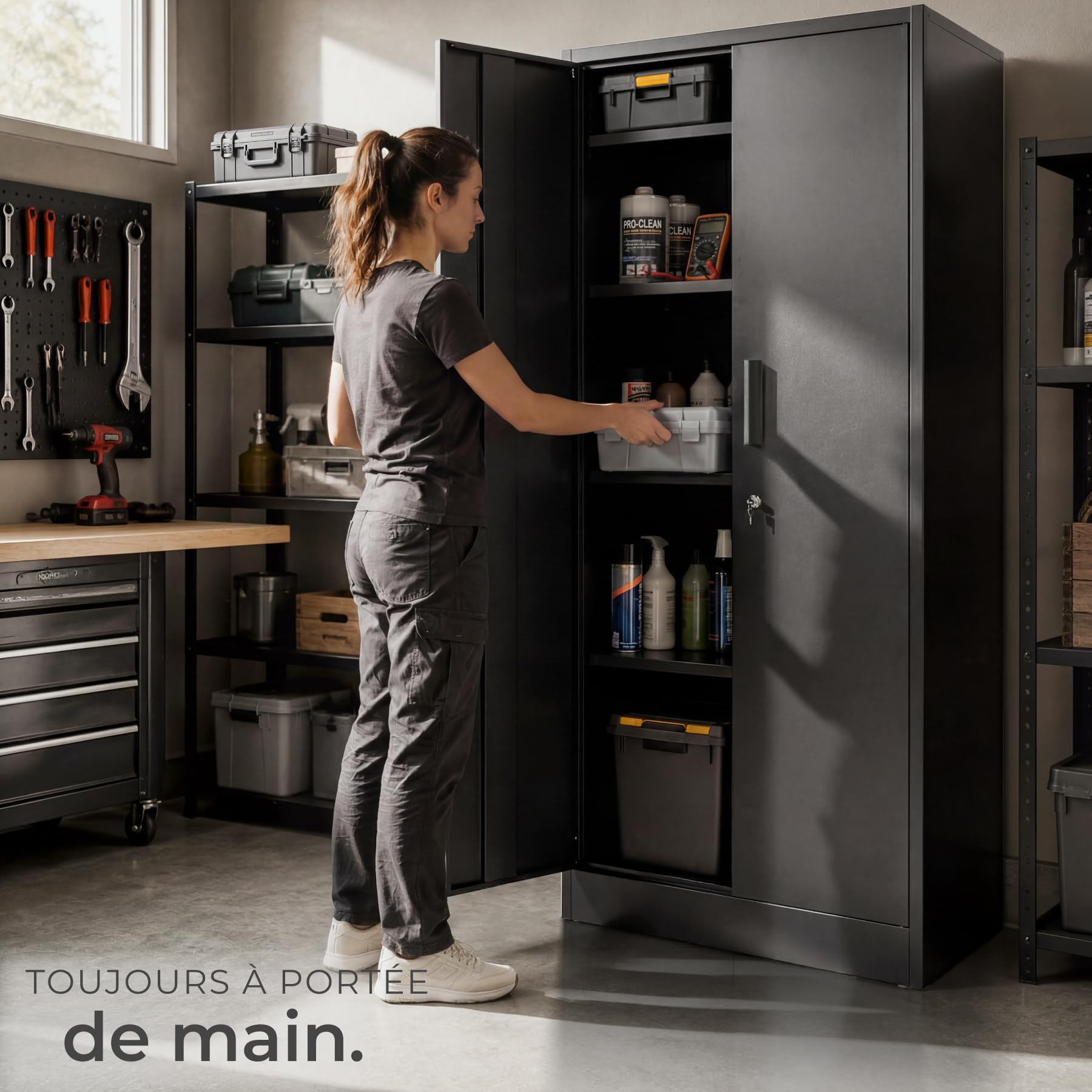 tectake® Armoire à dossiers 60x40x180.5 cm, Portes à Fermeture magnétique verrouillables, 4 étagères réglables, Armoire de Bureau en Acier thermolaqué, Meuble de Rangement Dossiers, Classeurs - Noir