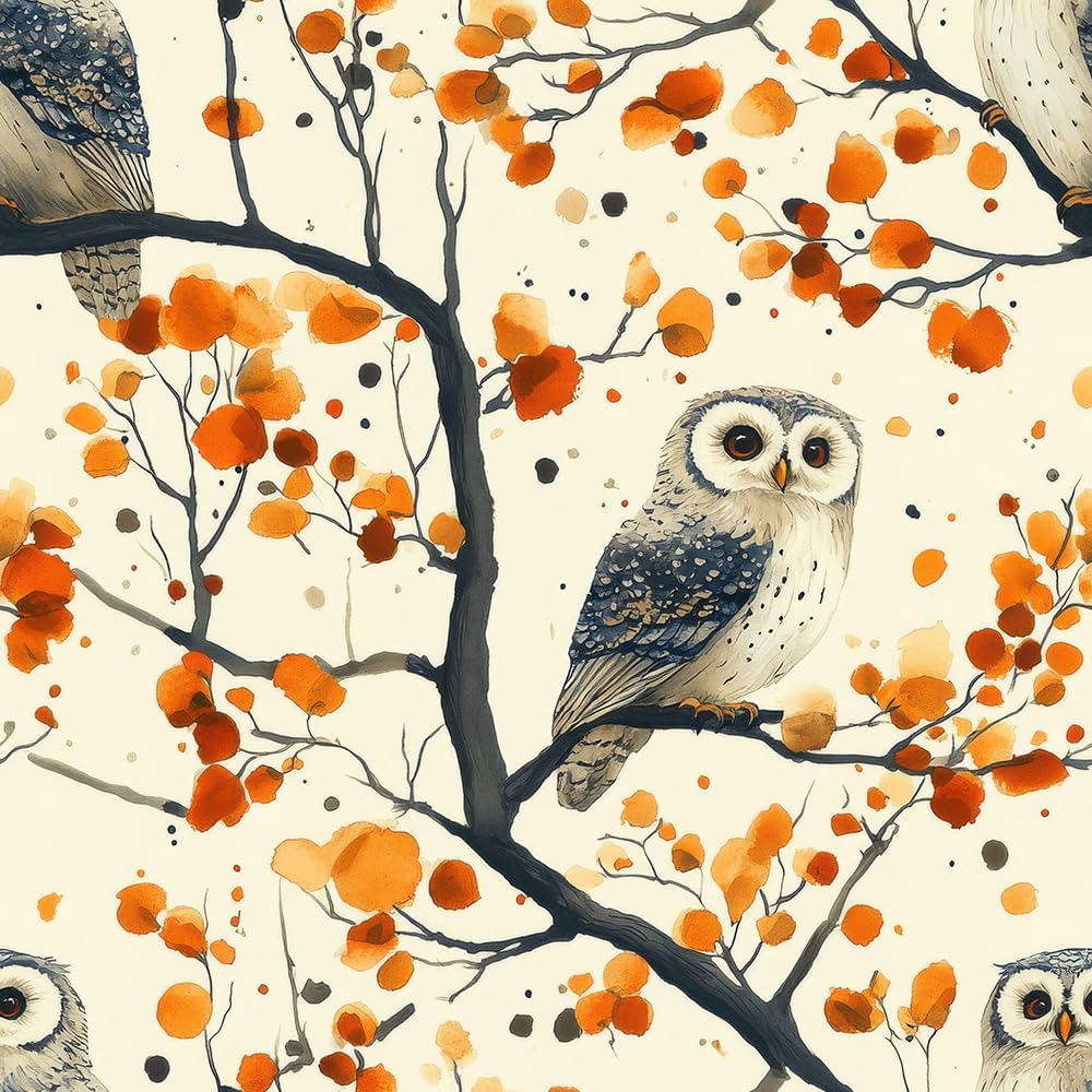 18"x236" Boho Orange Flower Owl Peel and Stick Self Adhesive Wallpaper Removable Contact Paper Stick on Easy Peel Off Wall Paper for Kitchen Bedroom Bathroom Renter