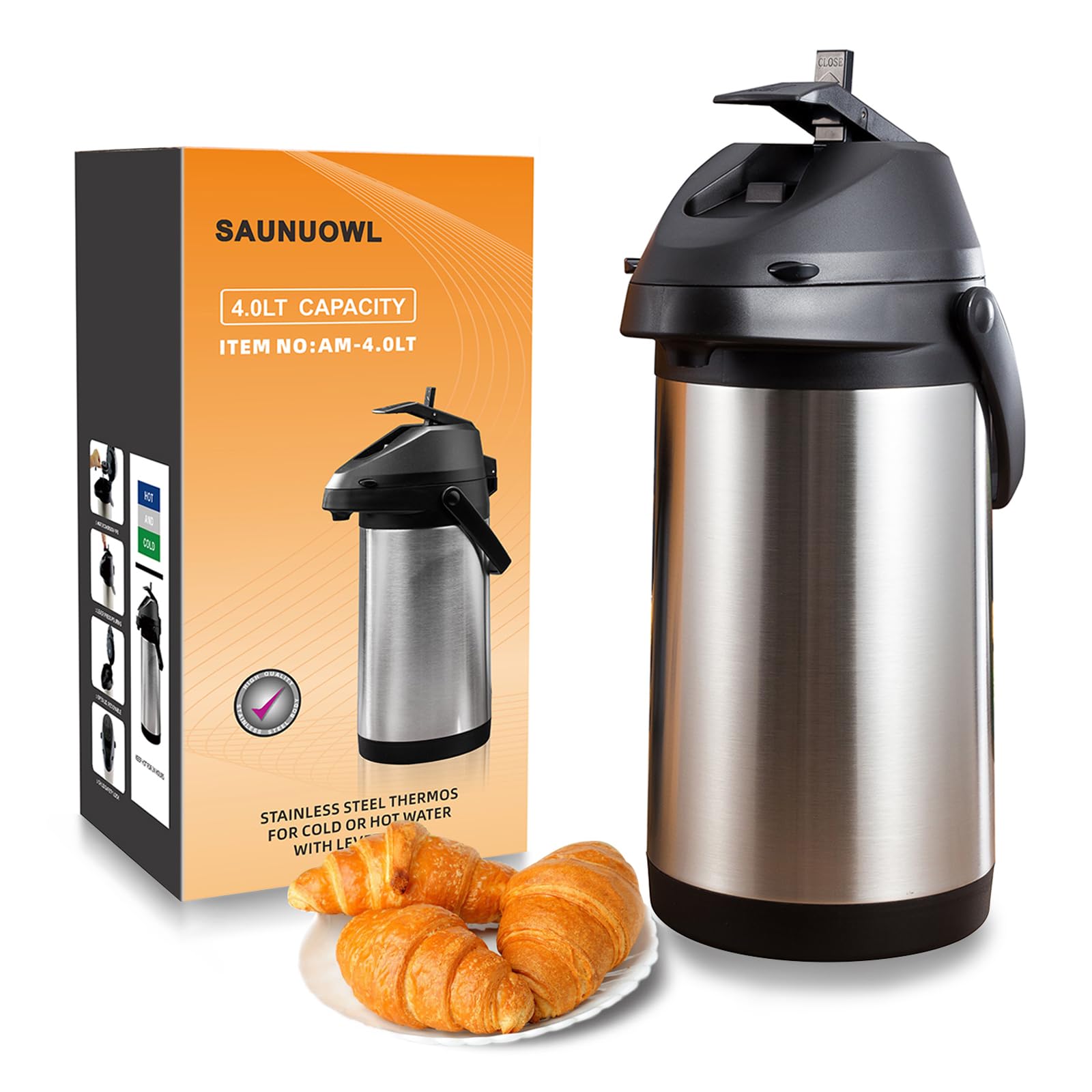 Cafetière isotherme à pompe 4L Bouteille Isotherme en Acier Inoxydable, Bouilloires isolées sous vide,Isolation thermique 24 heures,pour bouilloires, théières et cafetières pour garder chaudes