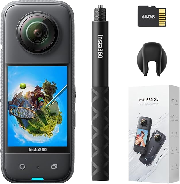 Insta360 X3 Zestaw kreatora, wodoodporna kamera sportowa 360 stopni z czujnikiem 1/2", zdjęcia 360 5,7K, 72 MP, stabilizacja, ekran dotykowy 2,29", wibracje, montaż AI, na żywo, kamera internetowa, sterowanie głosowe 4K.